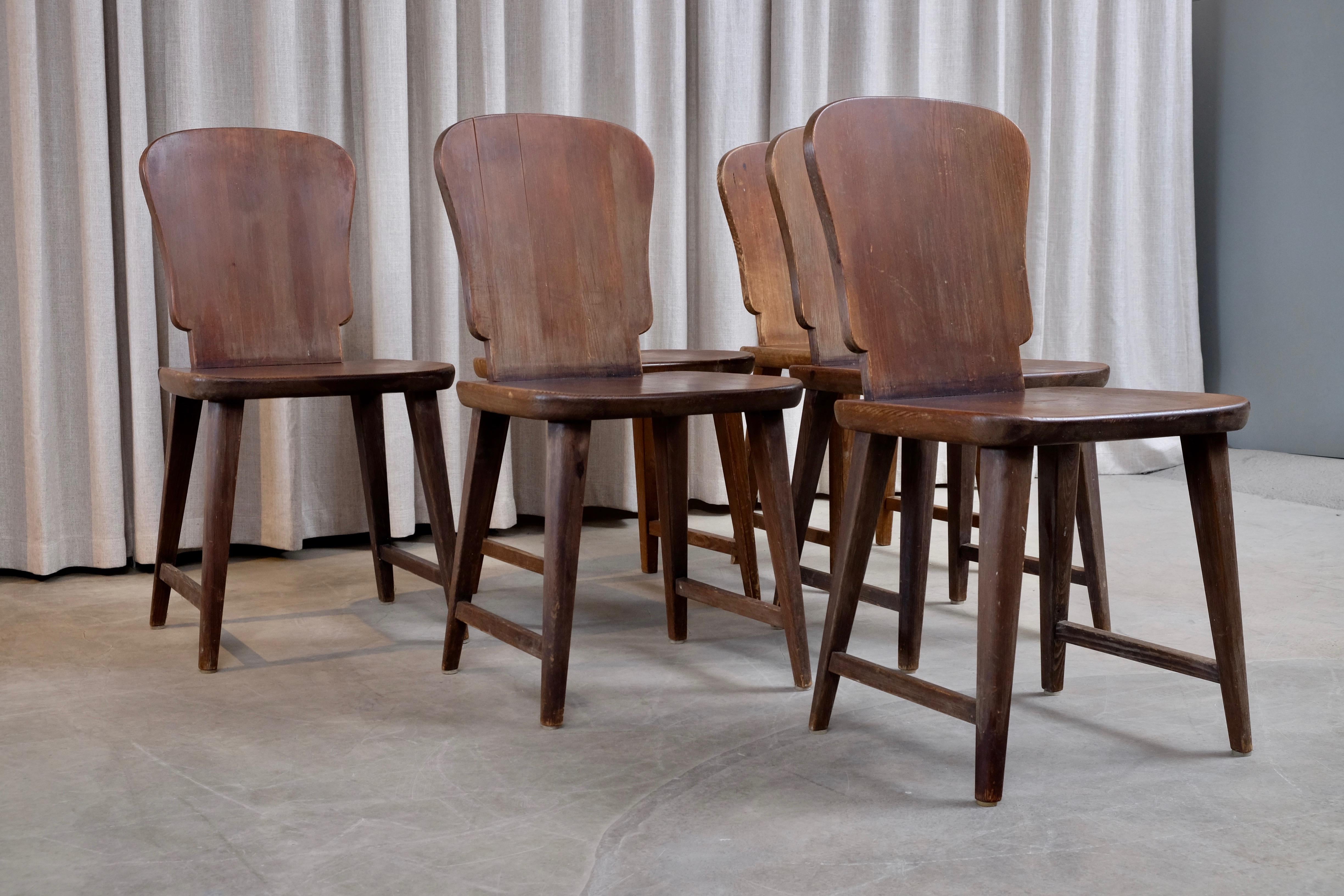 Rare Set of 6 Swedish Pine Chairs, 1940s 1