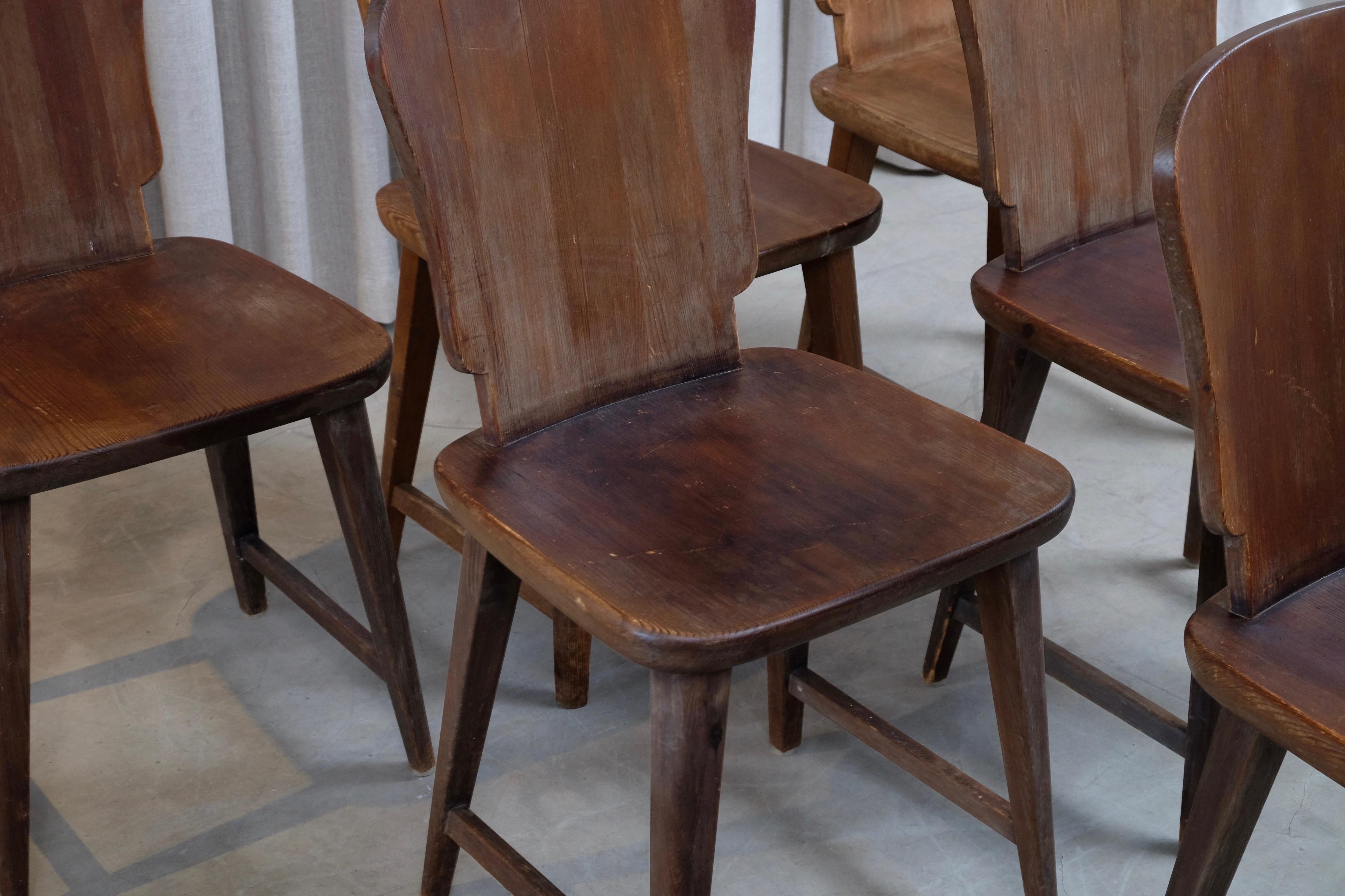 Rare Set of 6 Swedish Pine Chairs, 1940s 2