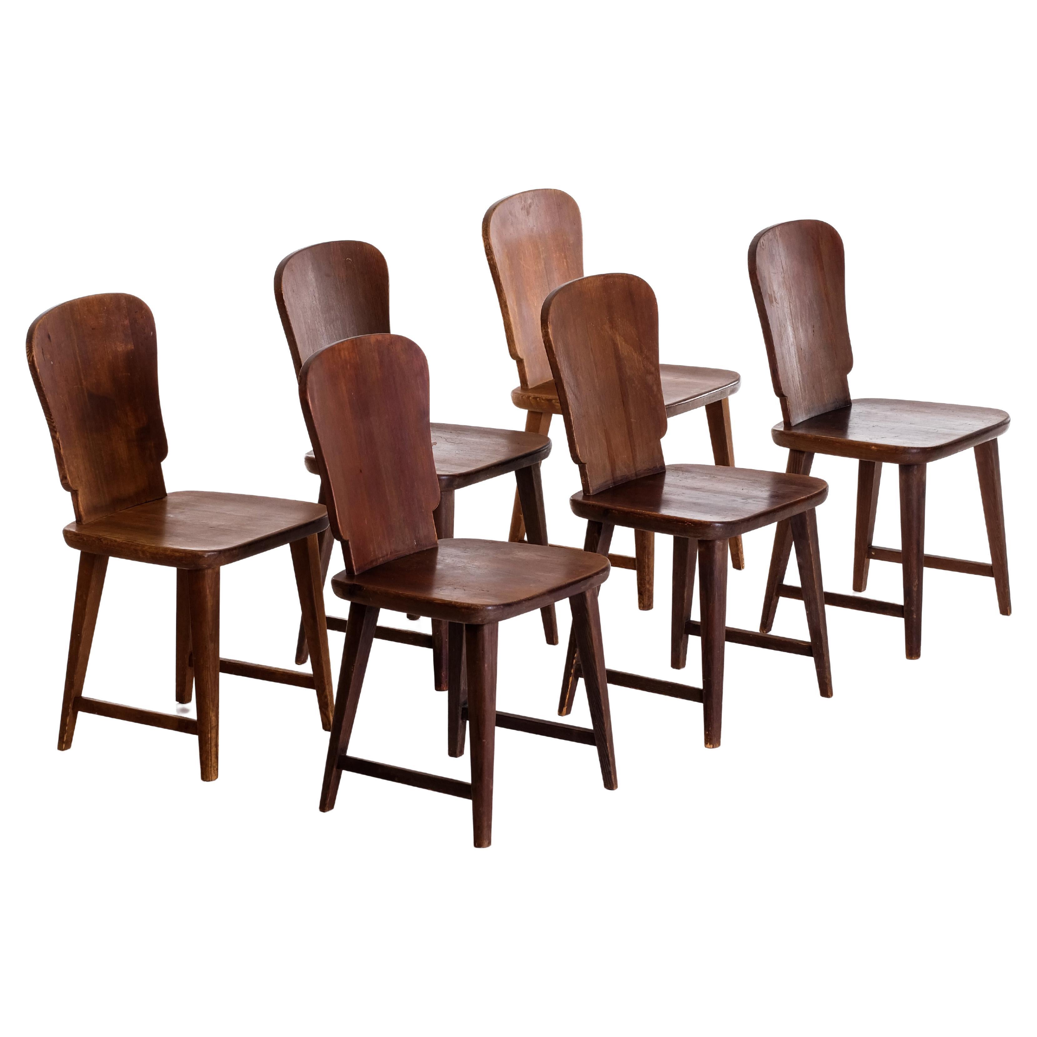 Rare Set of 6 Swedish Pine Chairs, 1940s For Sale