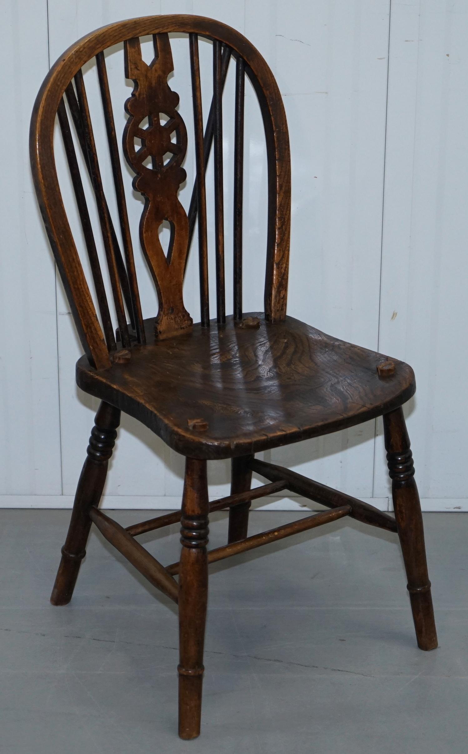 We are delighted to offer for sale very rare set of 6 original early Victorian elm windsor hoop back dining chairs, circa 1840

Its very rare to find a set of six, The chairs are hand carved from solid slabs of elm, the seat bases each have a
