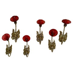 Rare Set of 6 Victorian Brass Tie Backs with Cranberry Glass Flowers