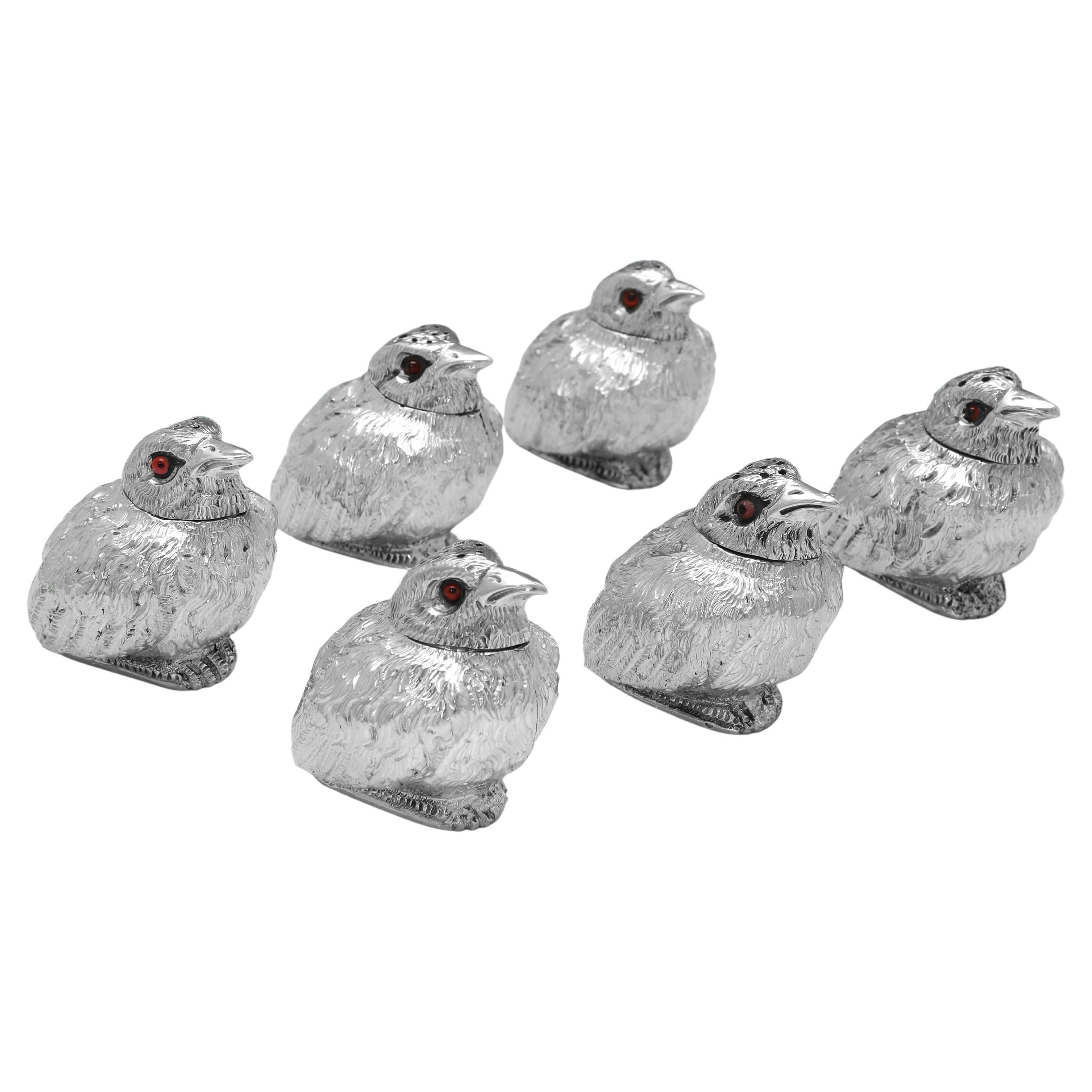 Rare Set of 6 Victorian Novelty Sterling Silver Pepper Pots, London, 1882 For Sale