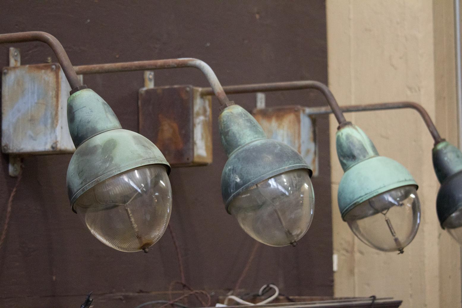 Rare vintage set of Industrial French copper and Holophane glass wall lights, fully rewired for North American plugs. Sold as a set of 6!
