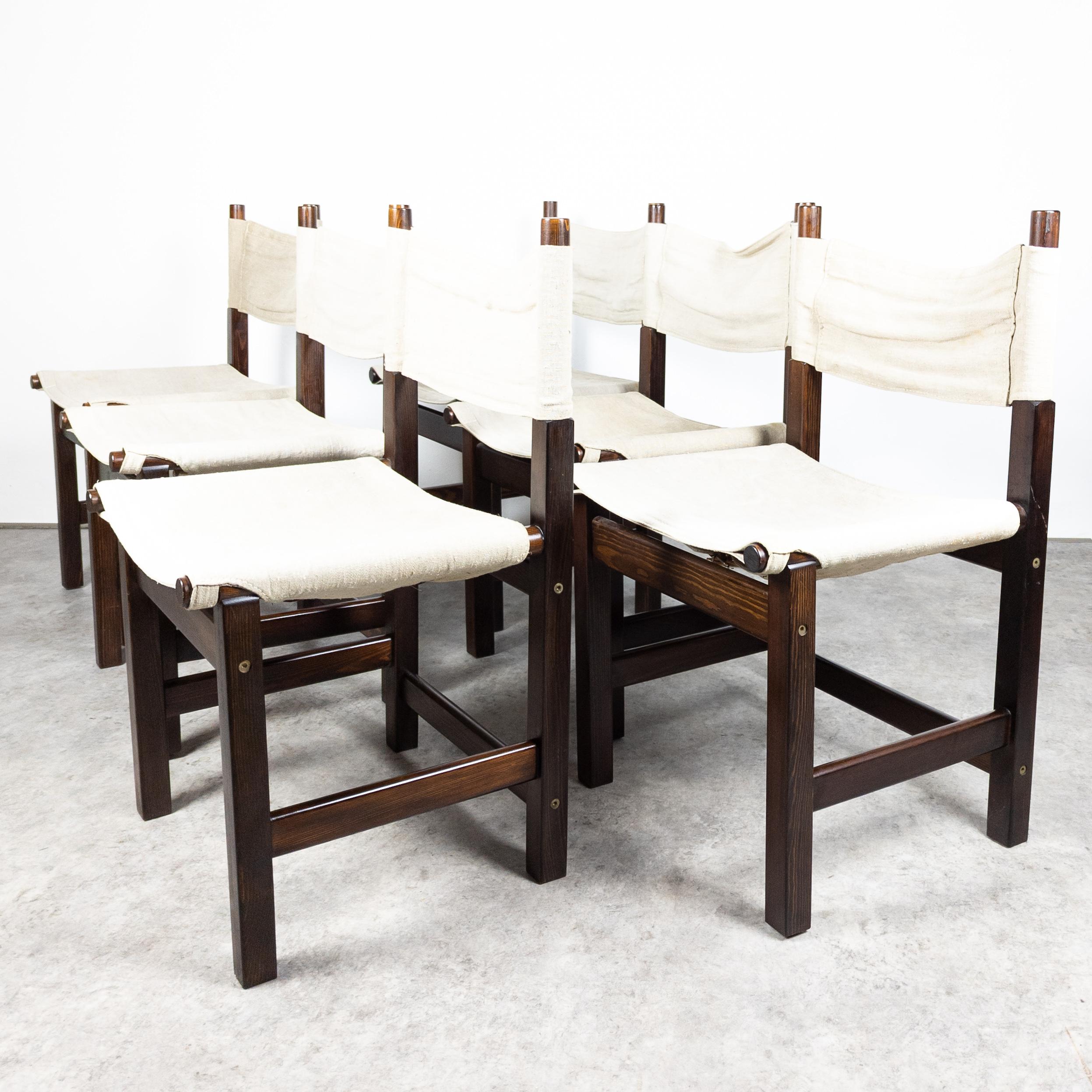 Simple and timeless pieces designed by Tomas Jelinek for Ikea in 1980. This unique chairs were in production for a short period of time only and are hard to find. Made of solid mahagony varnished pine wood and canvas. Chairs are in good vintage