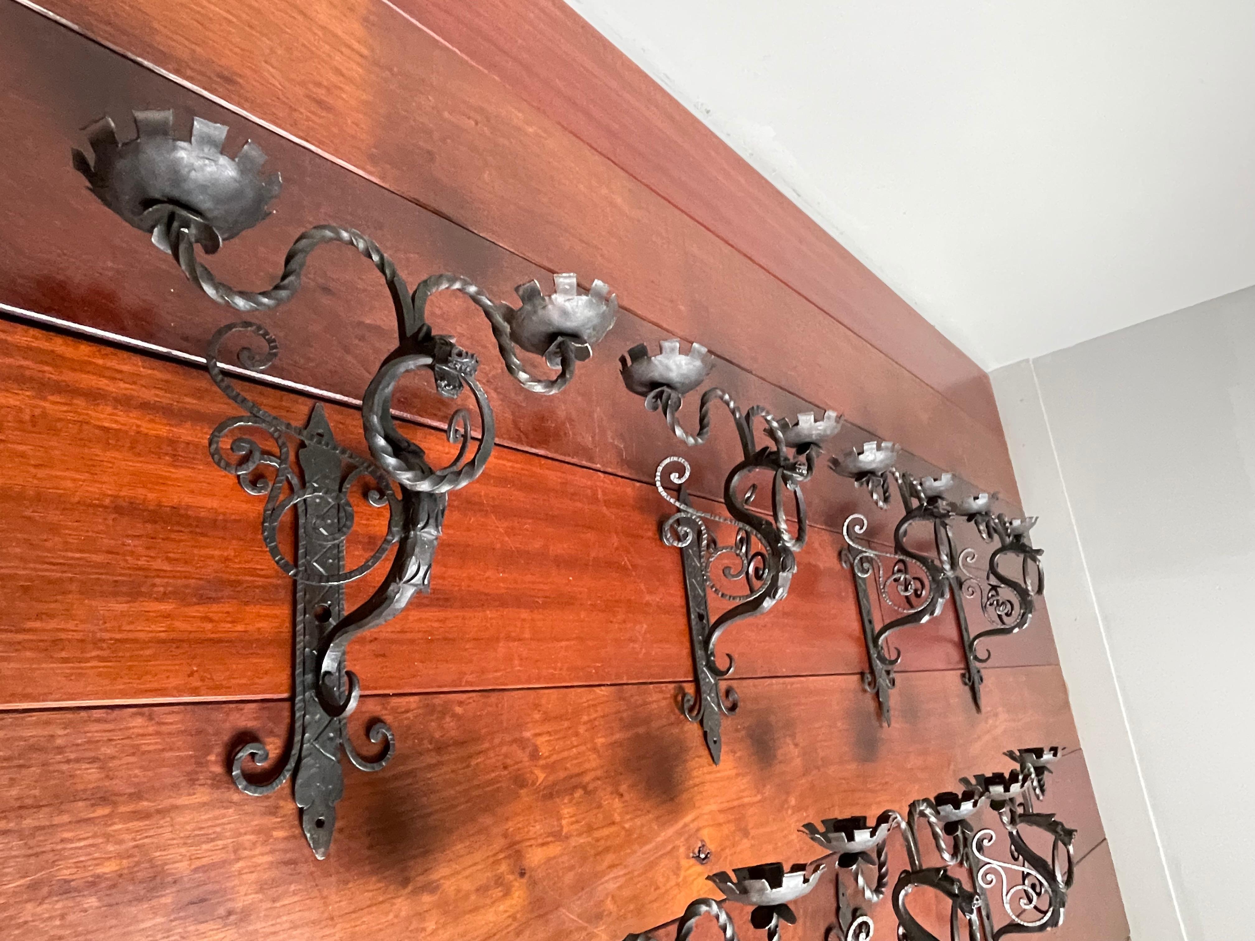 Rare Set of 7 Antique Wrought Iron Gothic Revival Dragon Sculpture Wall Sconces For Sale 4