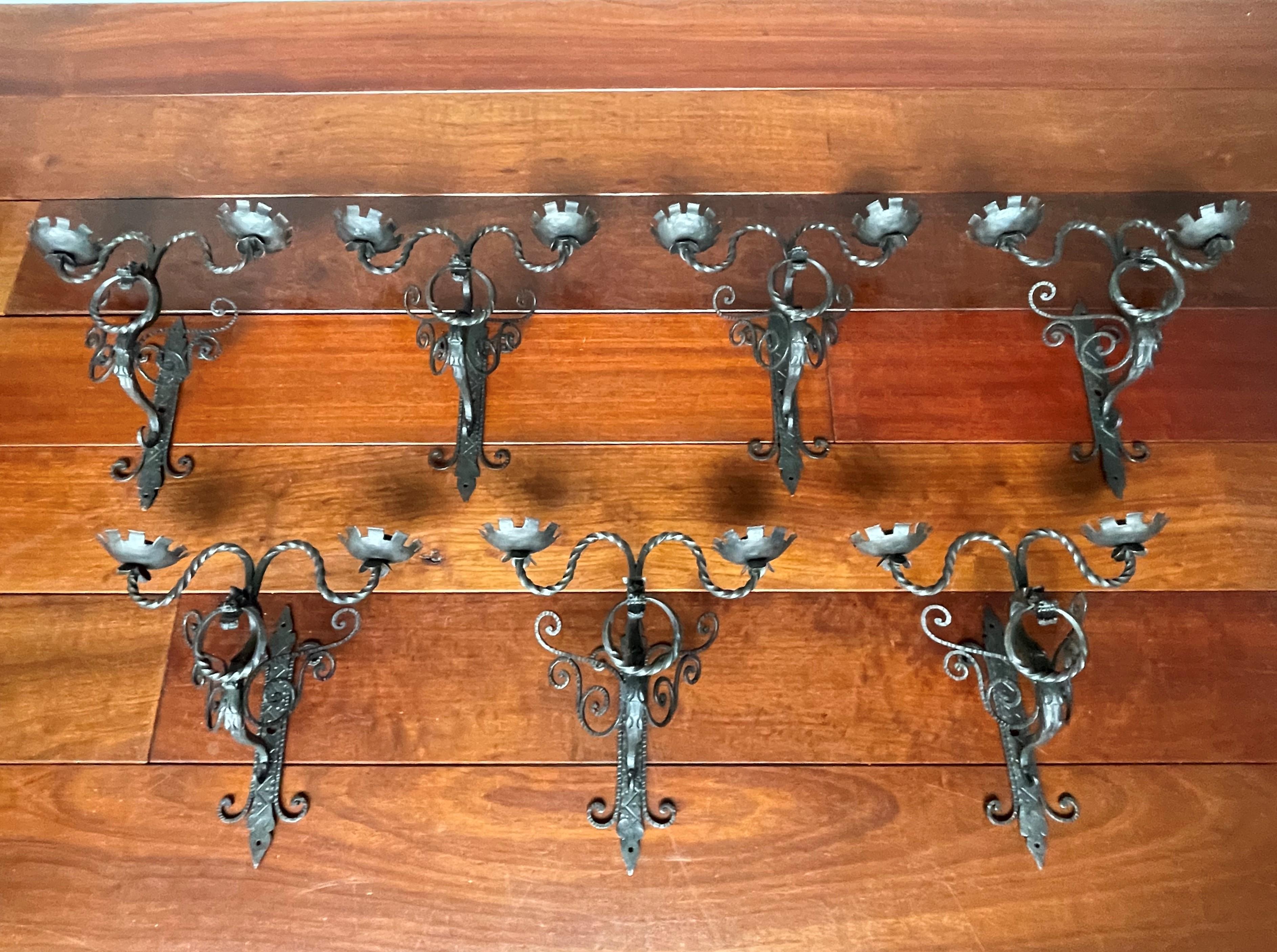 Rare Set of 7 Antique Wrought Iron Gothic Revival Dragon Sculpture Wall Sconces For Sale 5