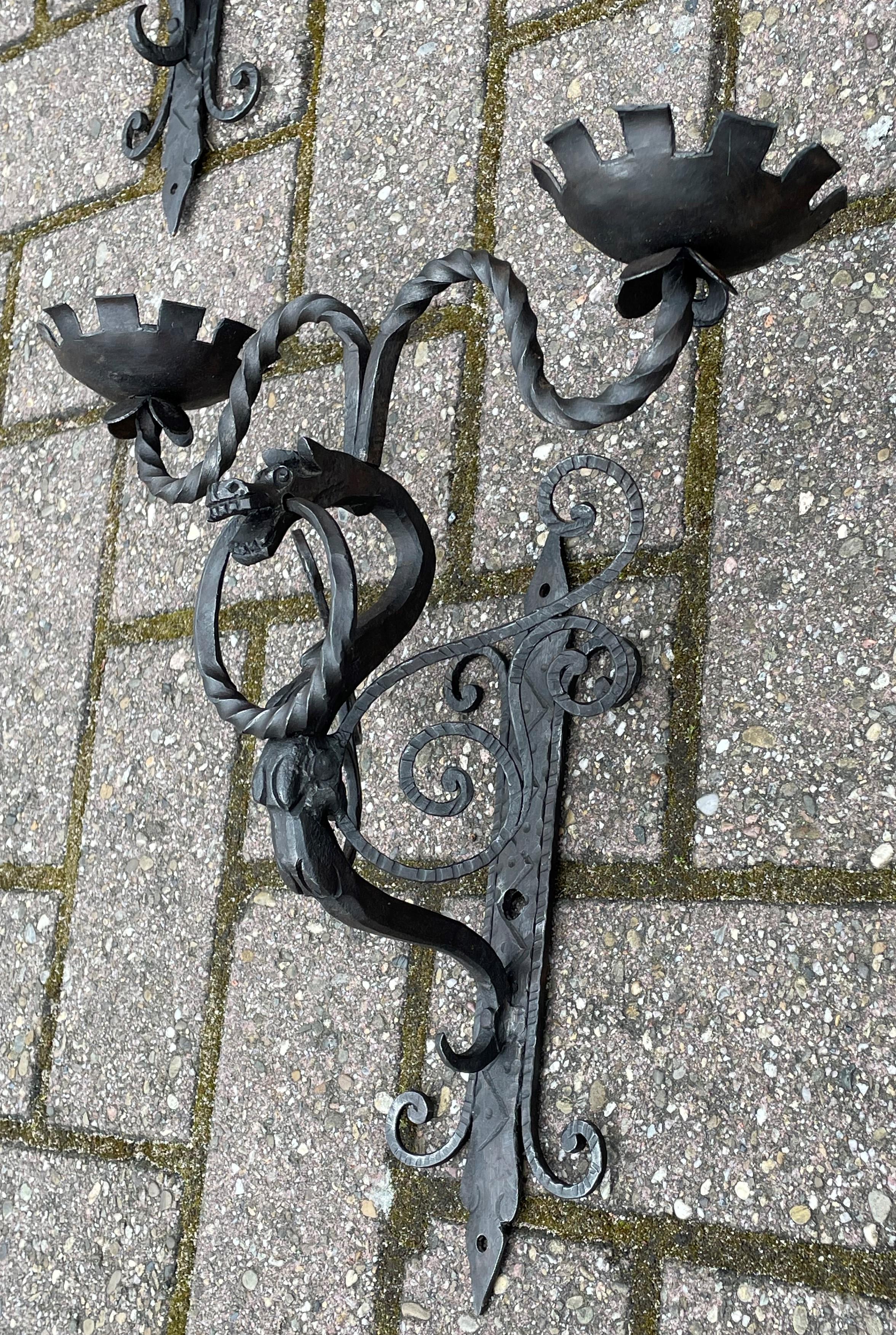 Rare Set of 7 Antique Wrought Iron Gothic Revival Dragon Sculpture Wall Sconces For Sale 7