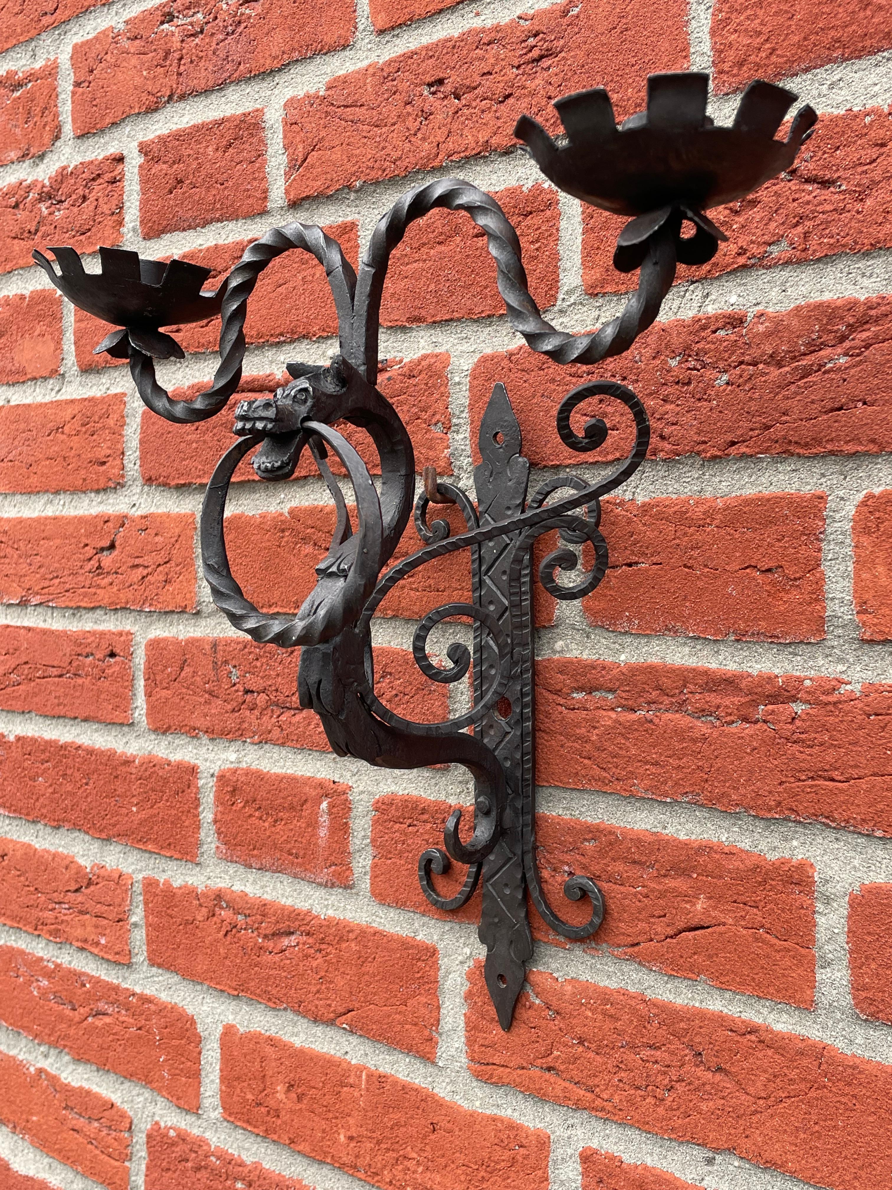 Rare Set of 7 Antique Wrought Iron Gothic Revival Dragon Sculpture Wall Sconces For Sale 8