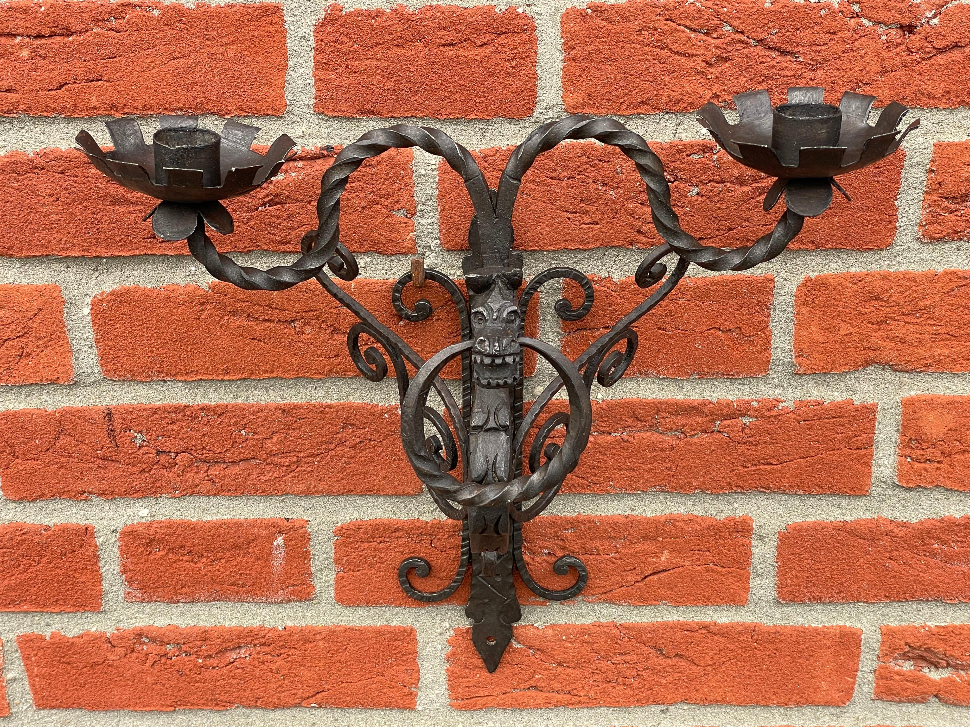 Rare Set of 7 Antique Wrought Iron Gothic Revival Dragon Sculpture Wall Sconces For Sale 9