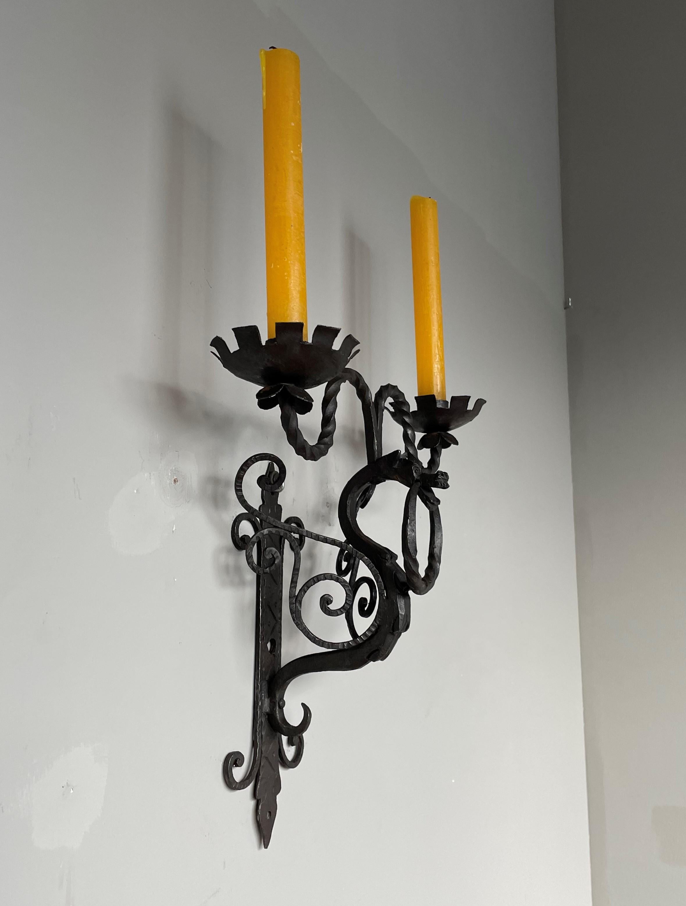 Rare Set of 7 Antique Wrought Iron Gothic Revival Dragon Sculpture Wall Sconces For Sale 10