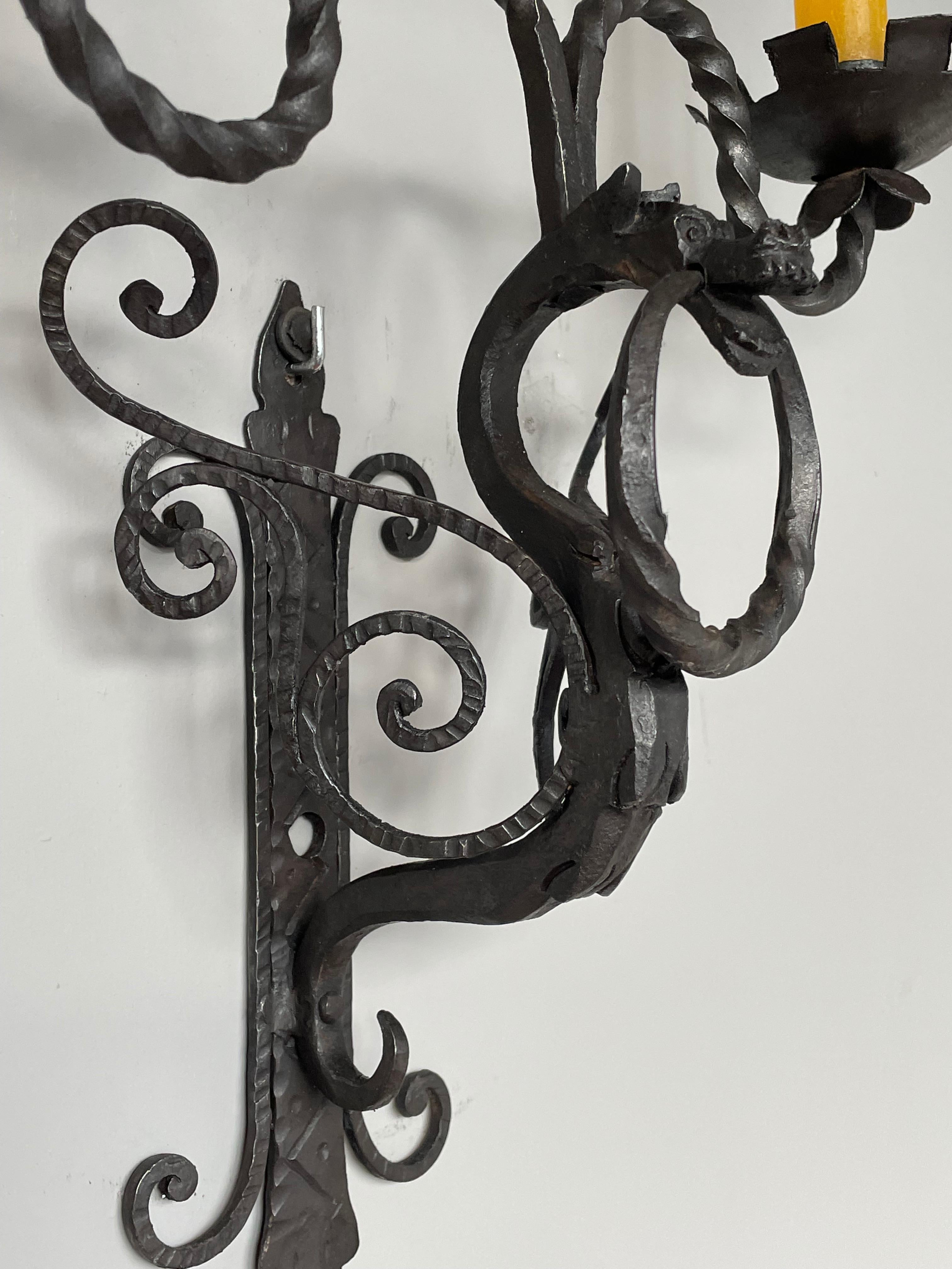 Rare Set of 7 Antique Wrought Iron Gothic Revival Dragon Sculpture Wall Sconces For Sale 11