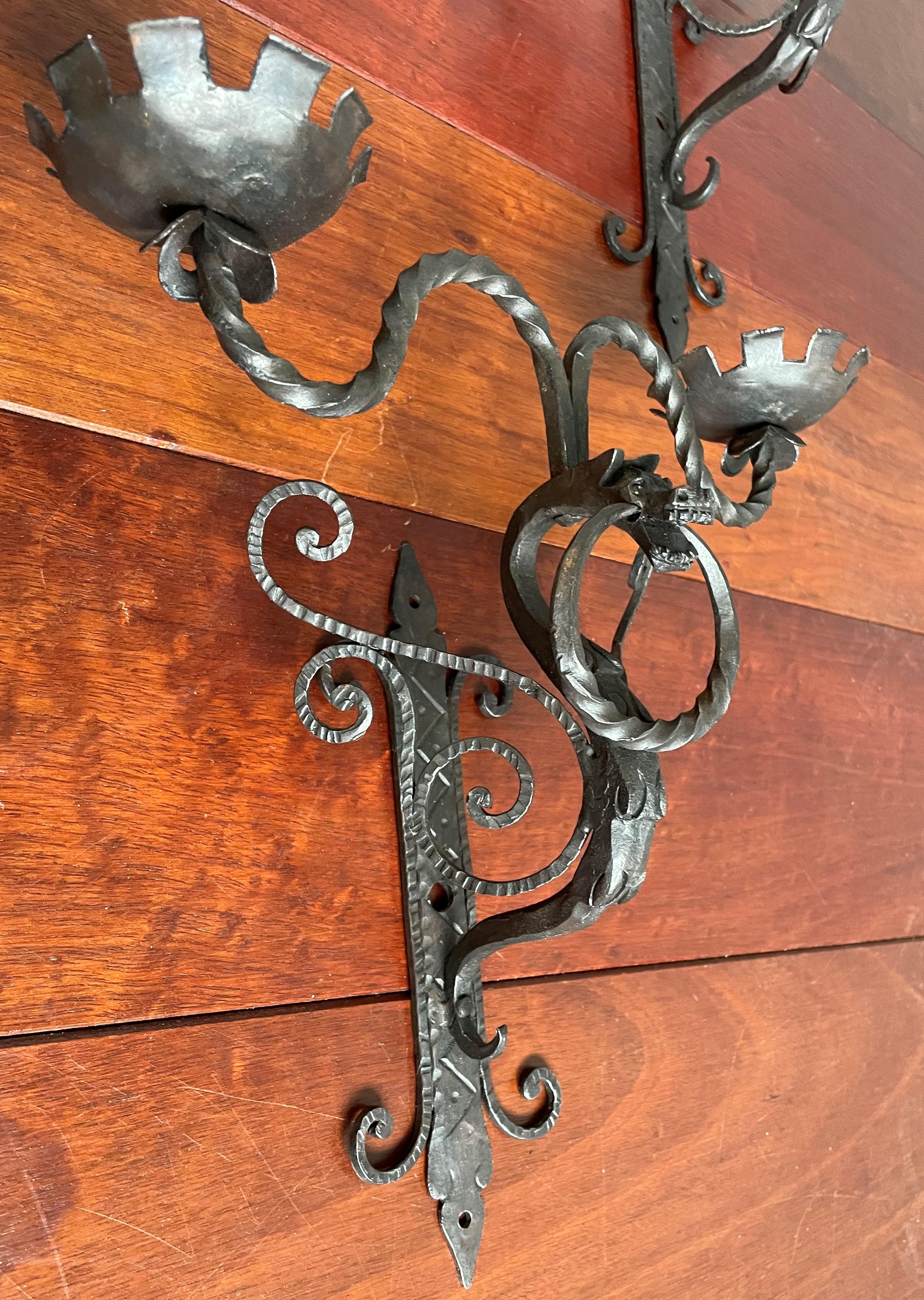 Rare Set of 7 Antique Wrought Iron Gothic Revival Dragon Sculpture Wall Sconces For Sale 12