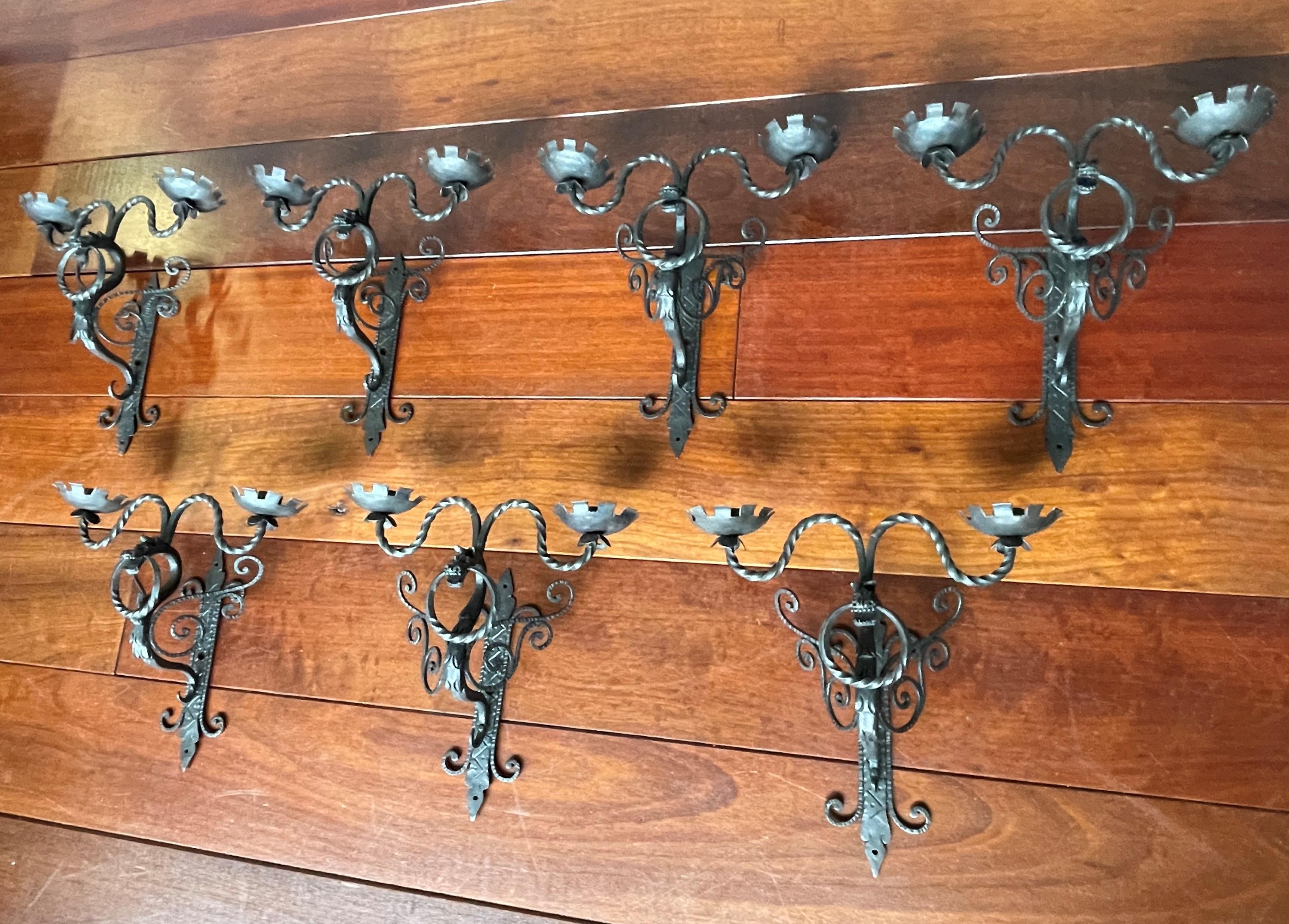 Rare Set of 7 Antique Wrought Iron Gothic Revival Dragon Sculpture Wall Sconces For Sale 14
