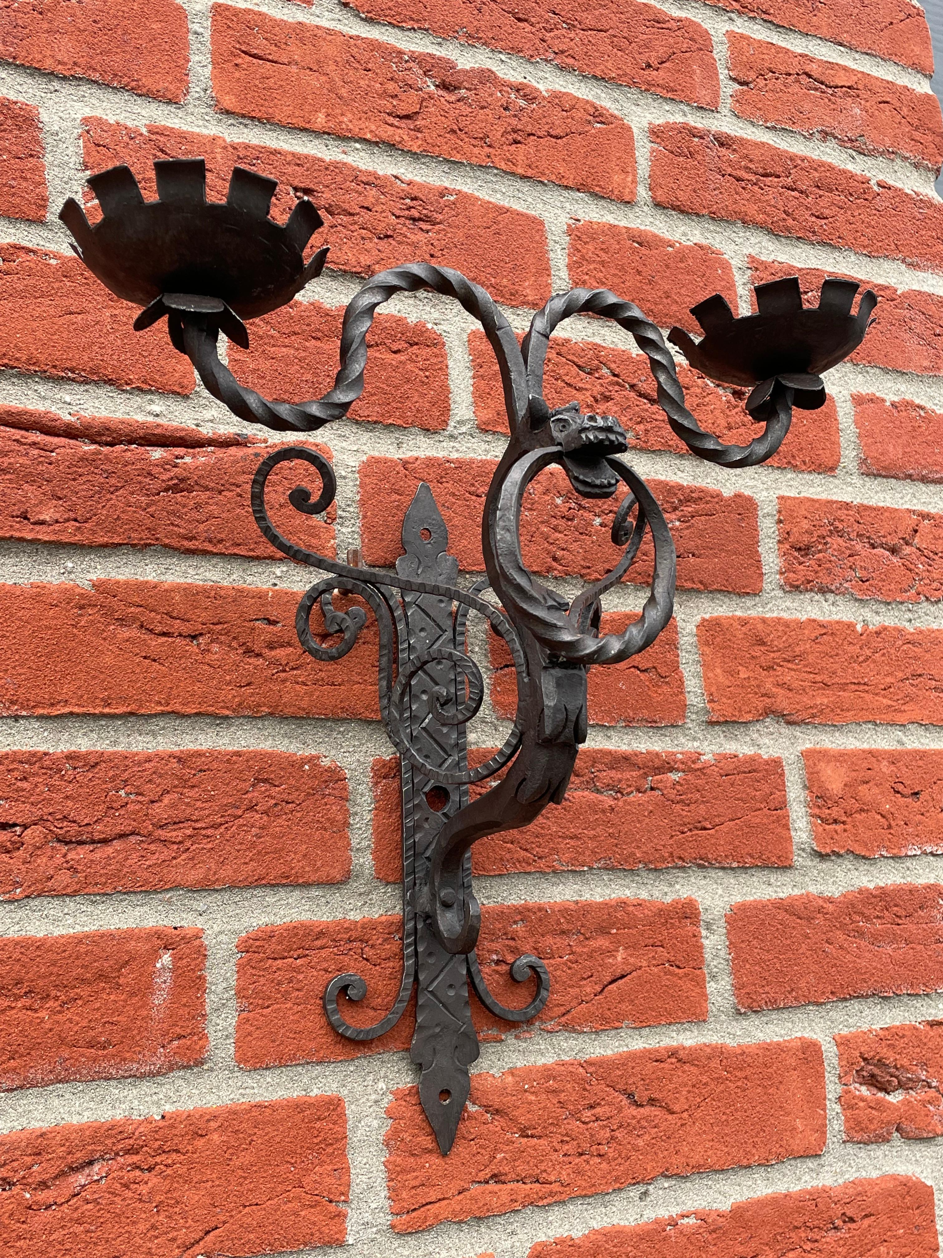 Italian Rare Set of 7 Antique Wrought Iron Gothic Revival Dragon Sculpture Wall Sconces For Sale