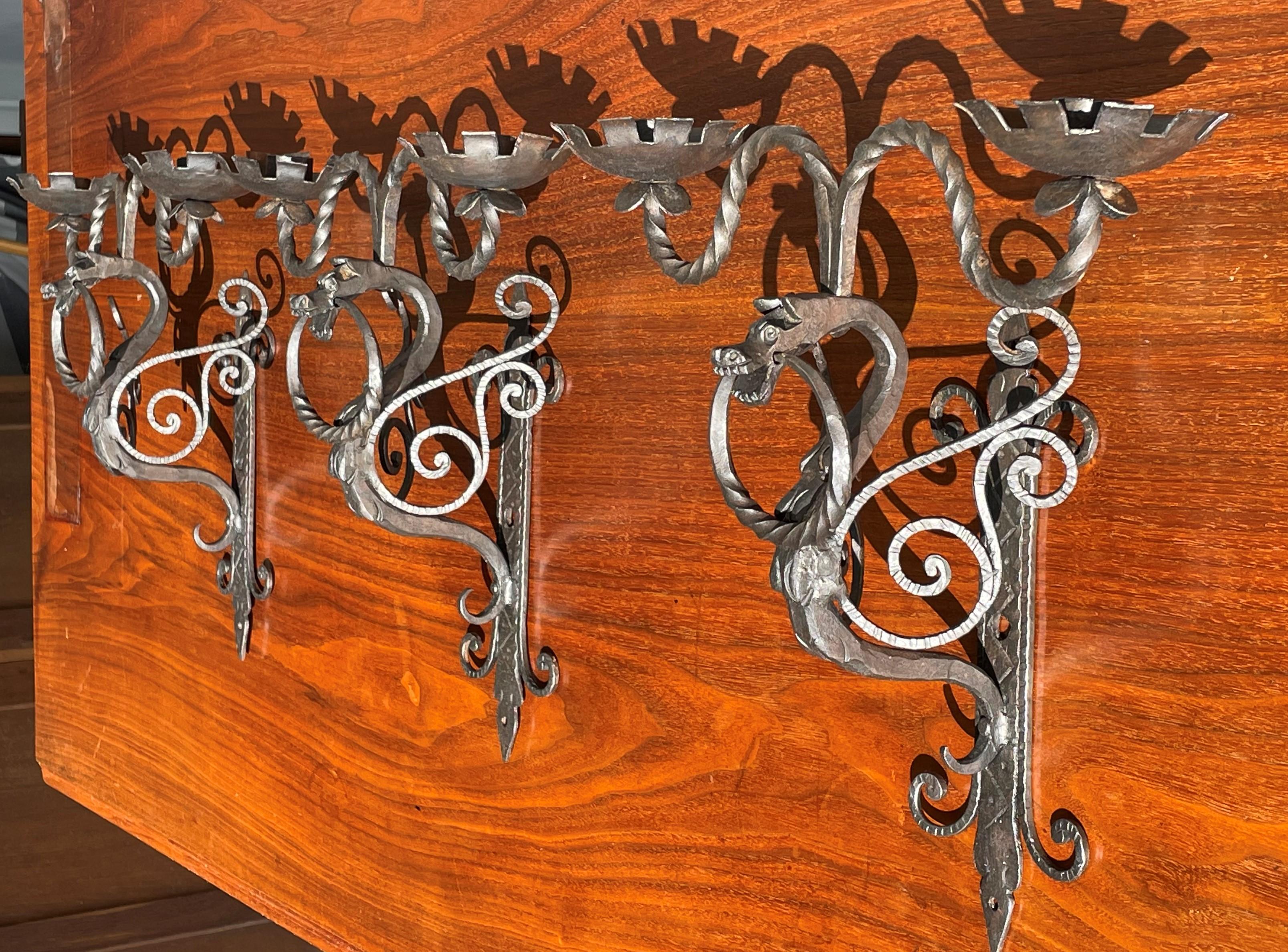 Forged Rare Set of 7 Antique Wrought Iron Gothic Revival Dragon Sculpture Wall Sconces For Sale