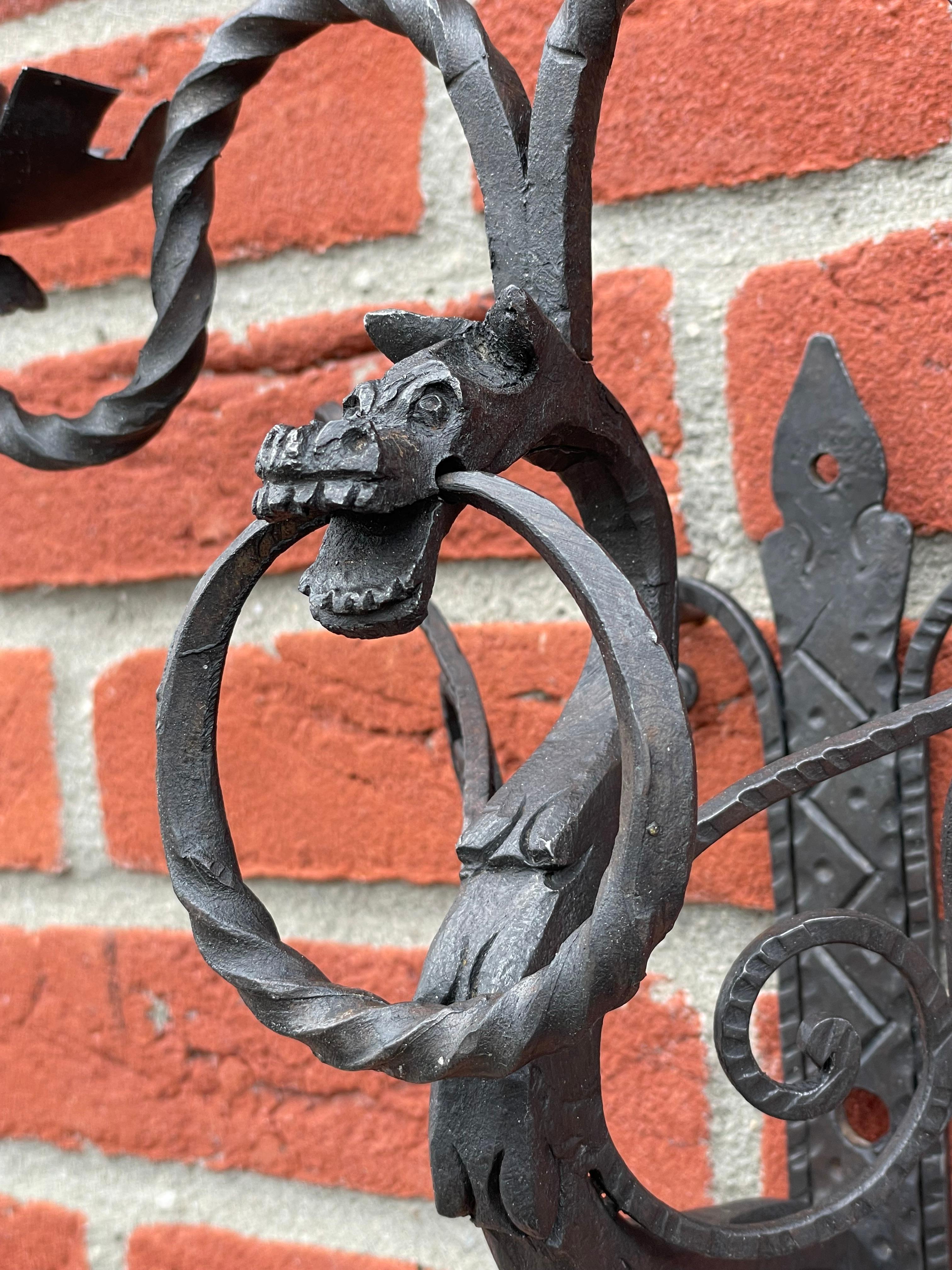 Rare Set of 7 Antique Wrought Iron Gothic Revival Dragon Sculpture Wall Sconces For Sale 1