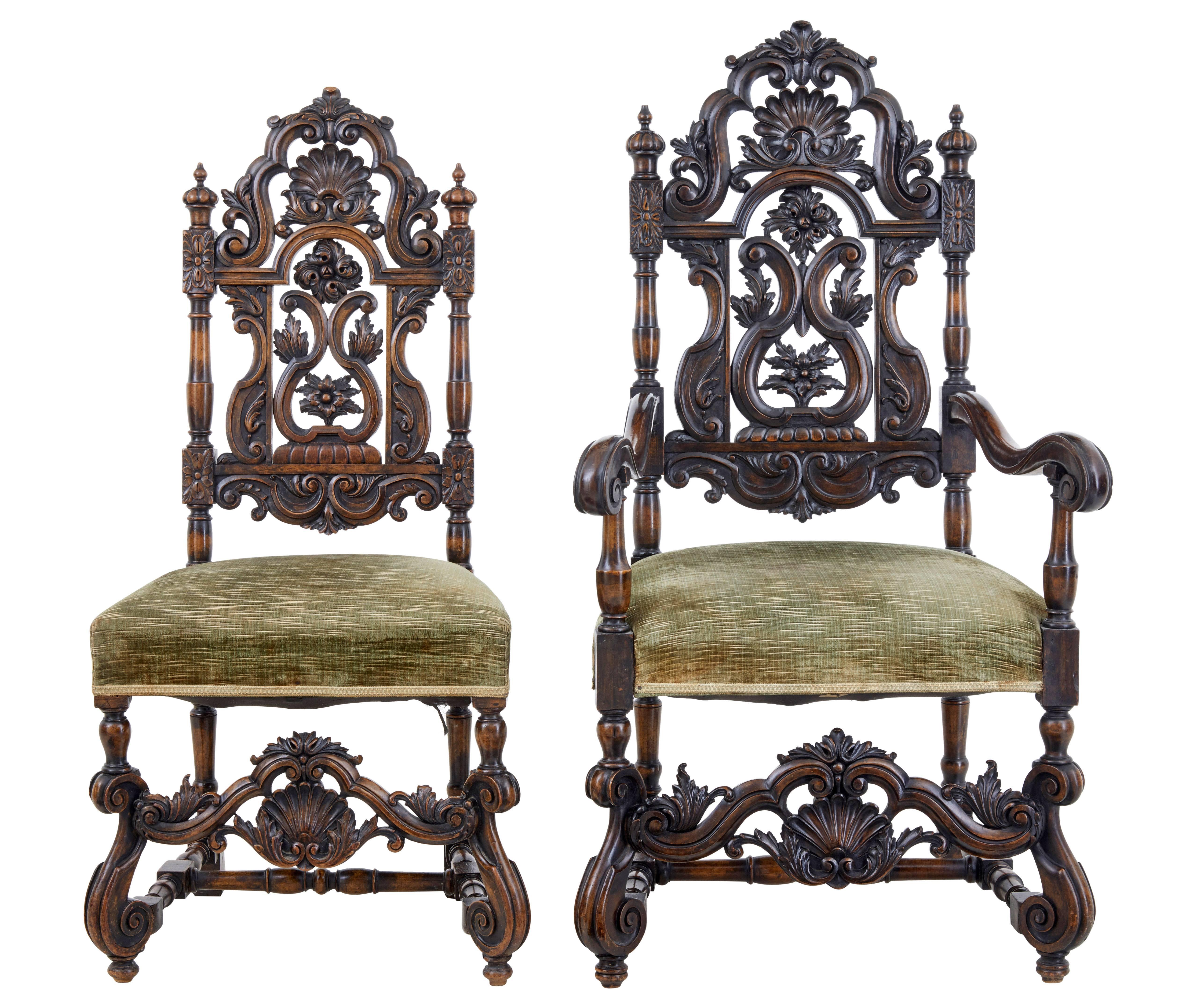 William and Mary Rare Set of Eight 19th Century Carved Walnut Carolean Design Dining Chairs