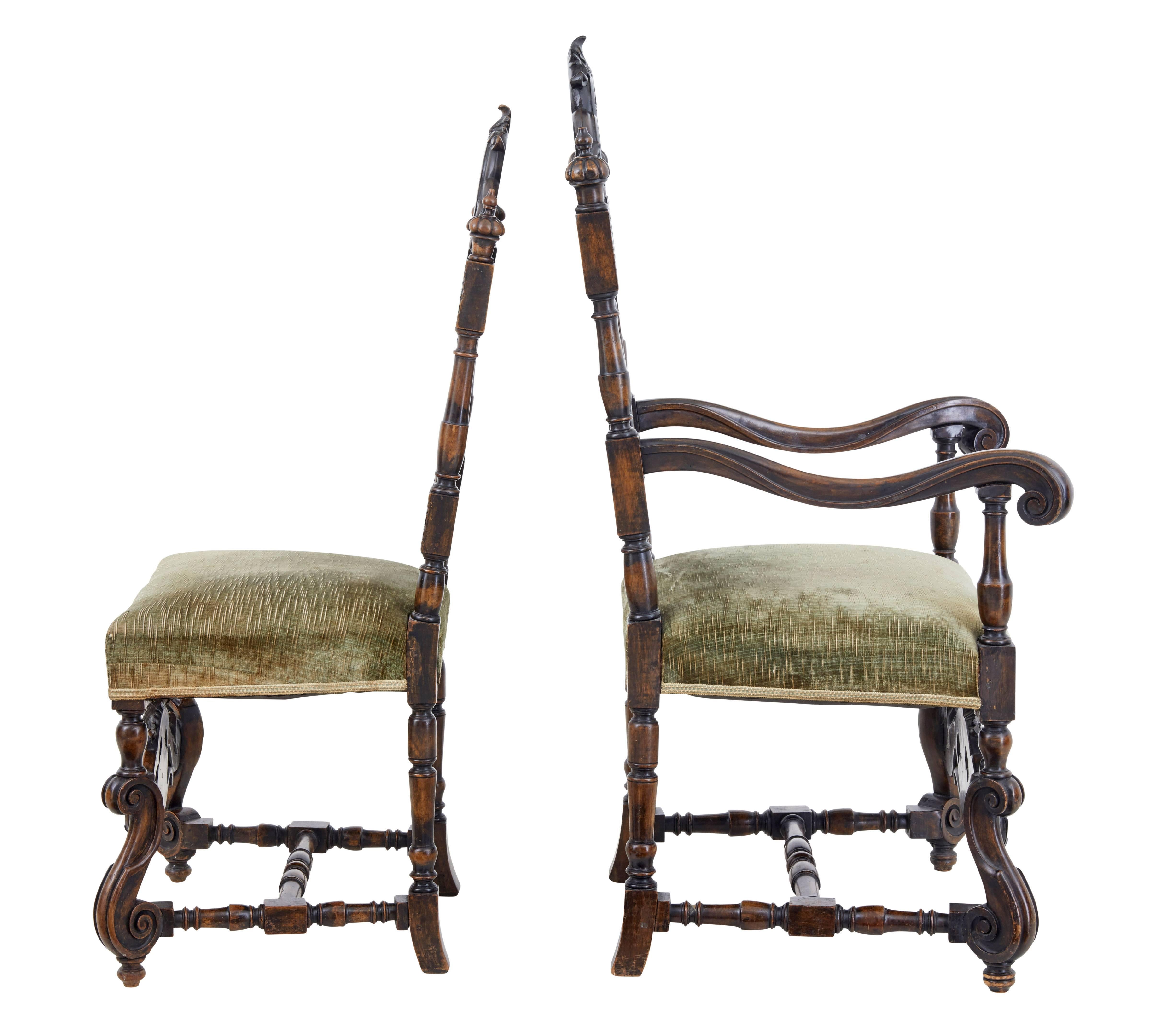 British Rare Set of Eight 19th Century Carved Walnut Carolean Design Dining Chairs