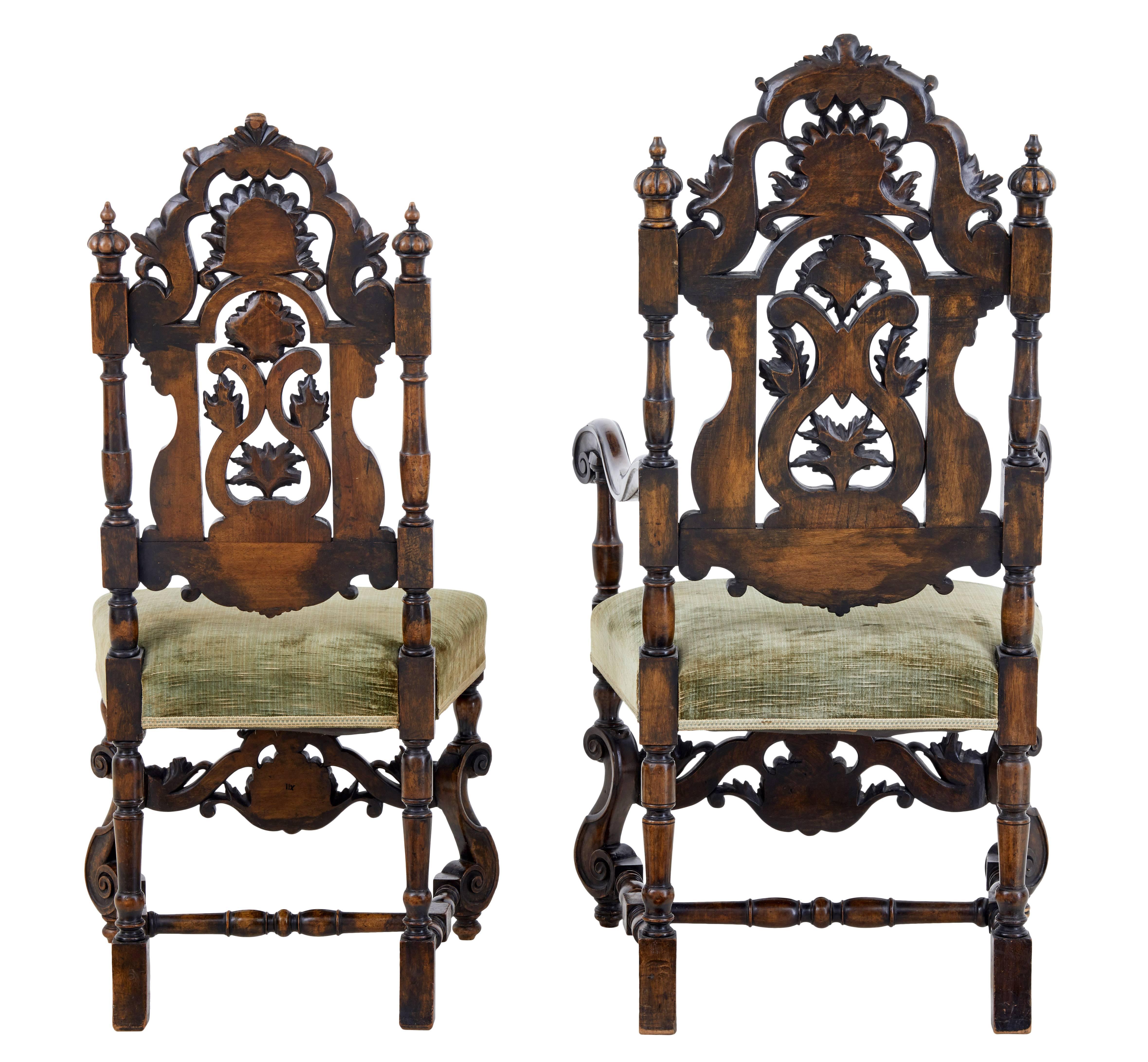 Rare Set of Eight 19th Century Carved Walnut Carolean Design Dining Chairs In Good Condition In Debenham, Suffolk