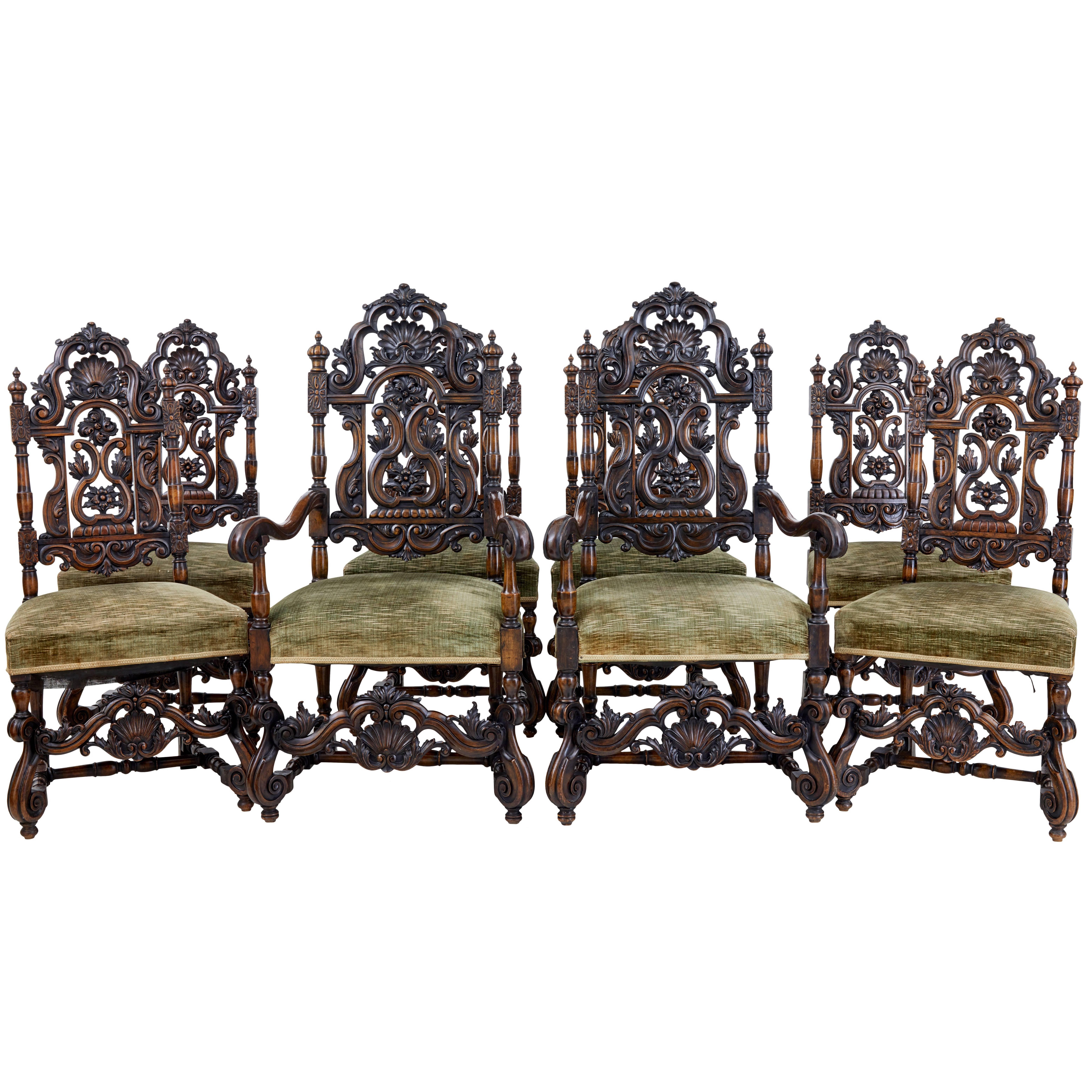 Rare Set of Eight 19th Century Carved Walnut Carolean Design Dining Chairs