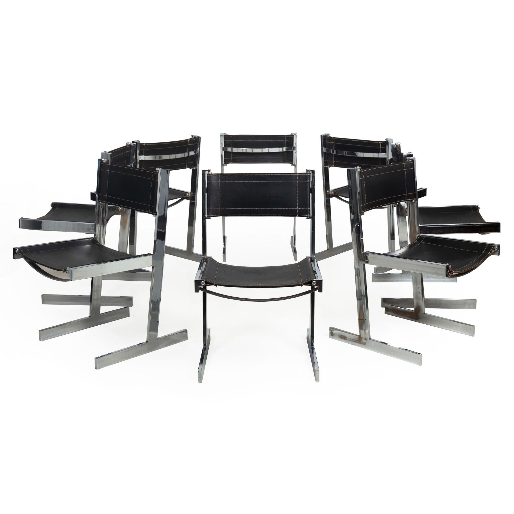 RARE SET OF EIGHT BRITISH MODERNIST STITCHED-LEATHER AND CHROMED STEEL DINING CHAIRS
Richard Young for Merrow Associates, United Kingdom, circa 1980  unmarked
Item # 307HXK27A

A rare angular and very compelling set of chromed steel dining chairs