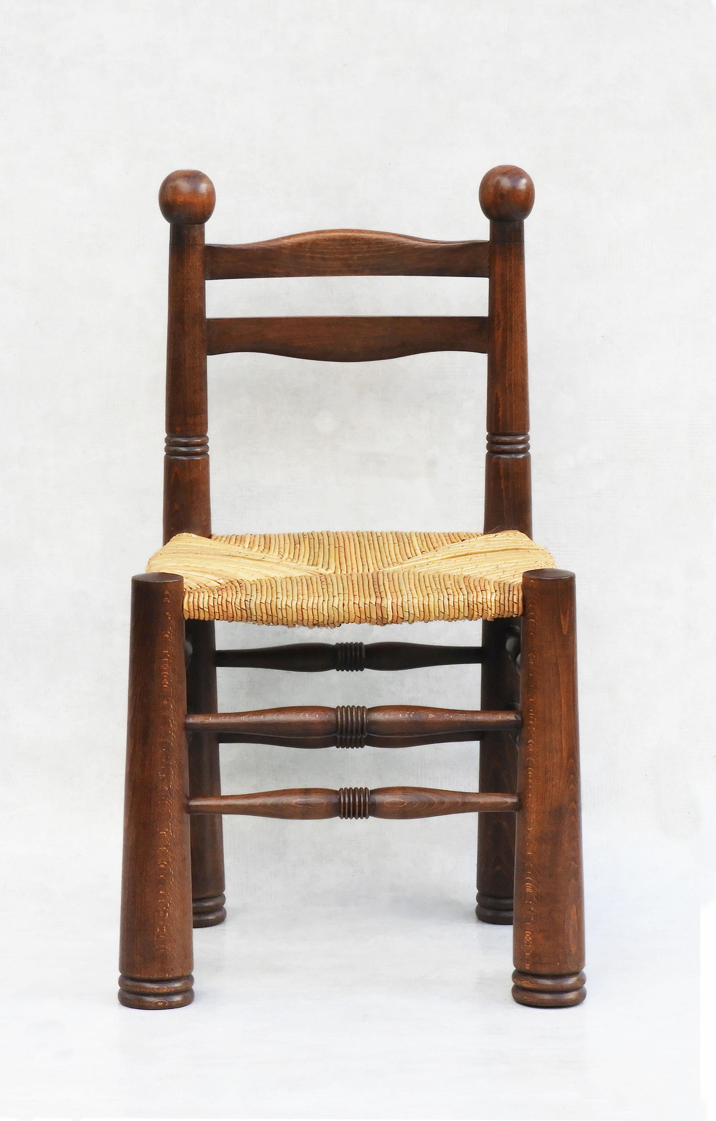 Brutalist Rare Set of 8 Charles Dudouyt Oak and Rush Dining Chairs C1940