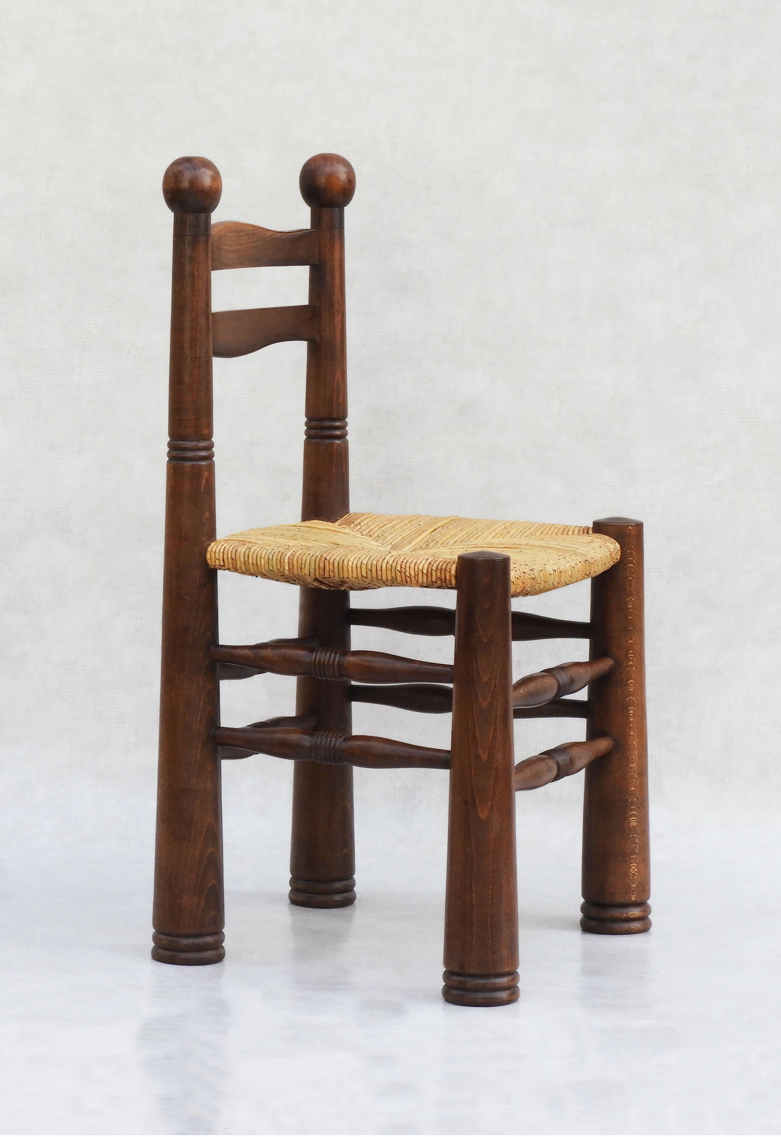 French Rare Set of 8 Charles Dudouyt Oak and Rush Dining Chairs C1940
