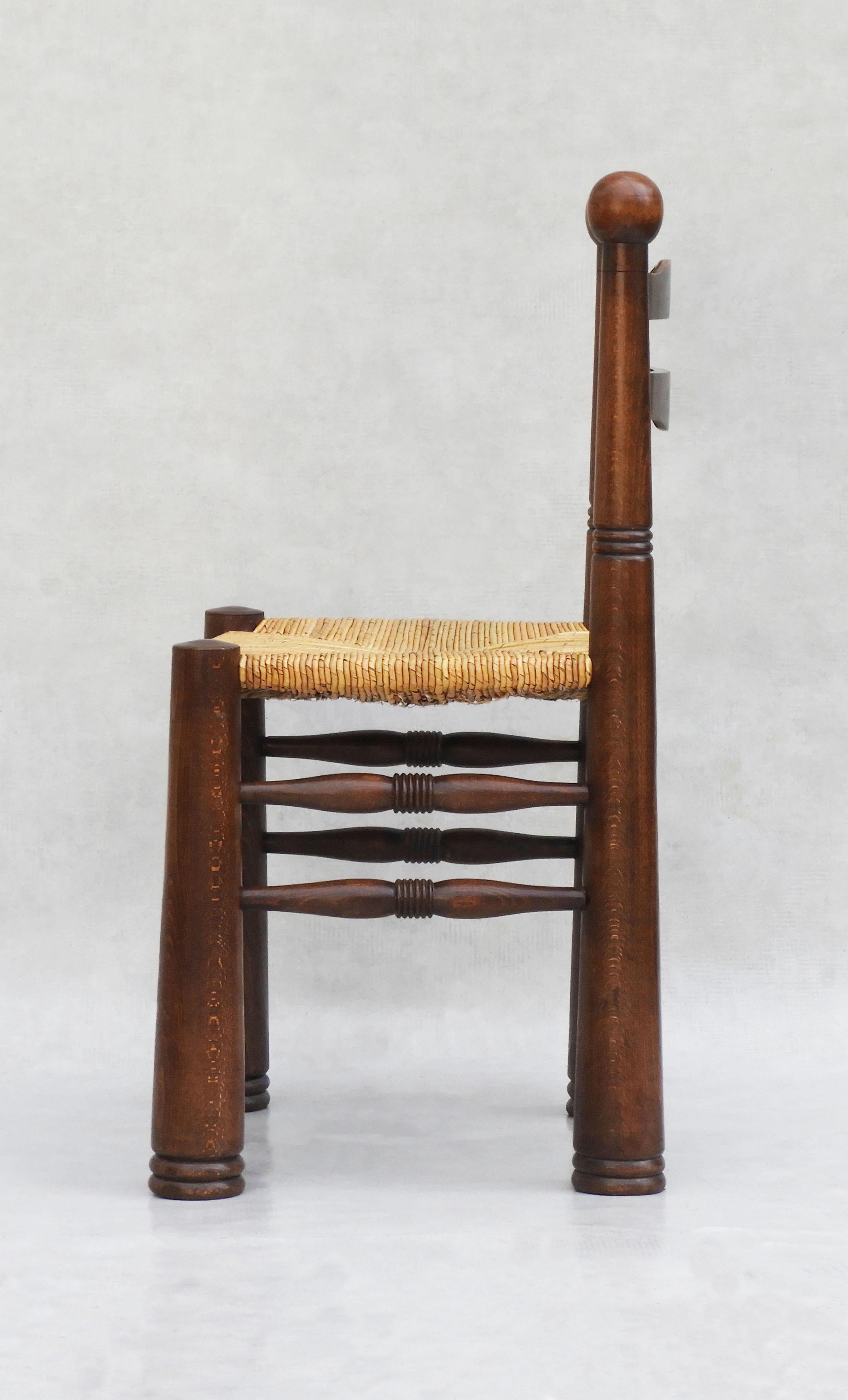 20th Century Rare Set of 8 Charles Dudouyt Oak and Rush Dining Chairs C1940