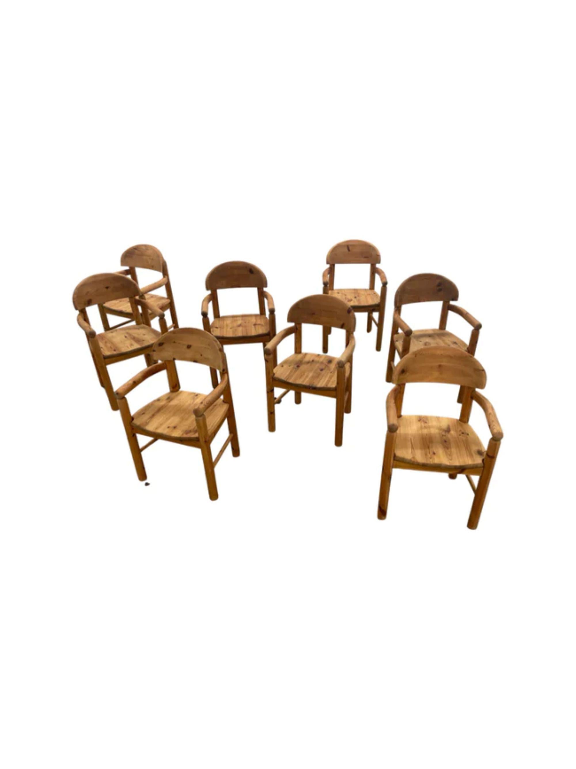 Danois Rare ensemble de 8 fauteuils de salle à manger en pin massif de Rainer Daumiller, Danemark, 1970 en vente