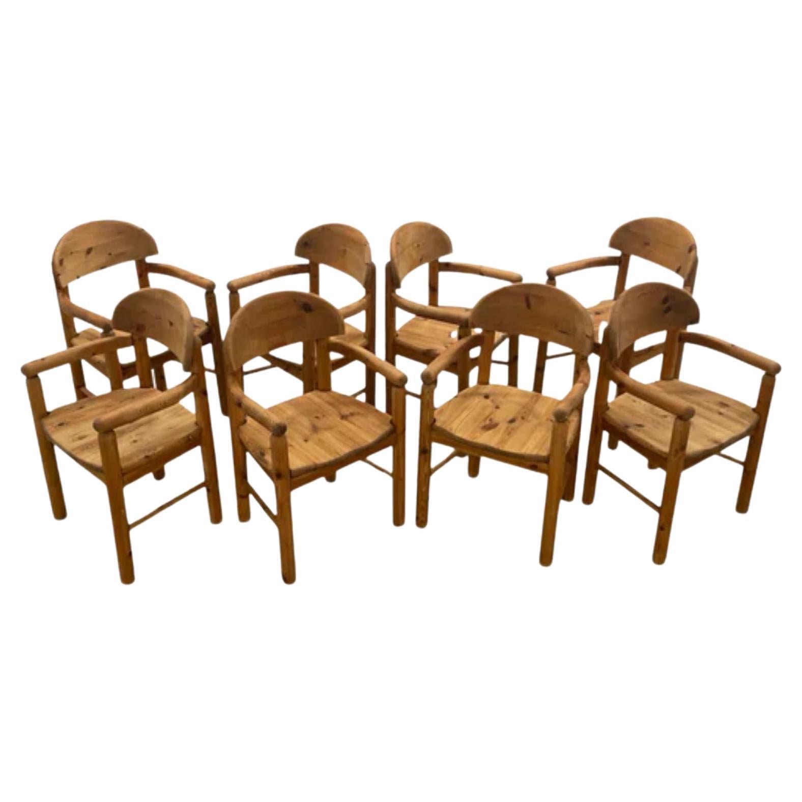 Rare ensemble de 8 fauteuils de salle à manger en pin massif de Rainer Daumiller, Danemark, 1970