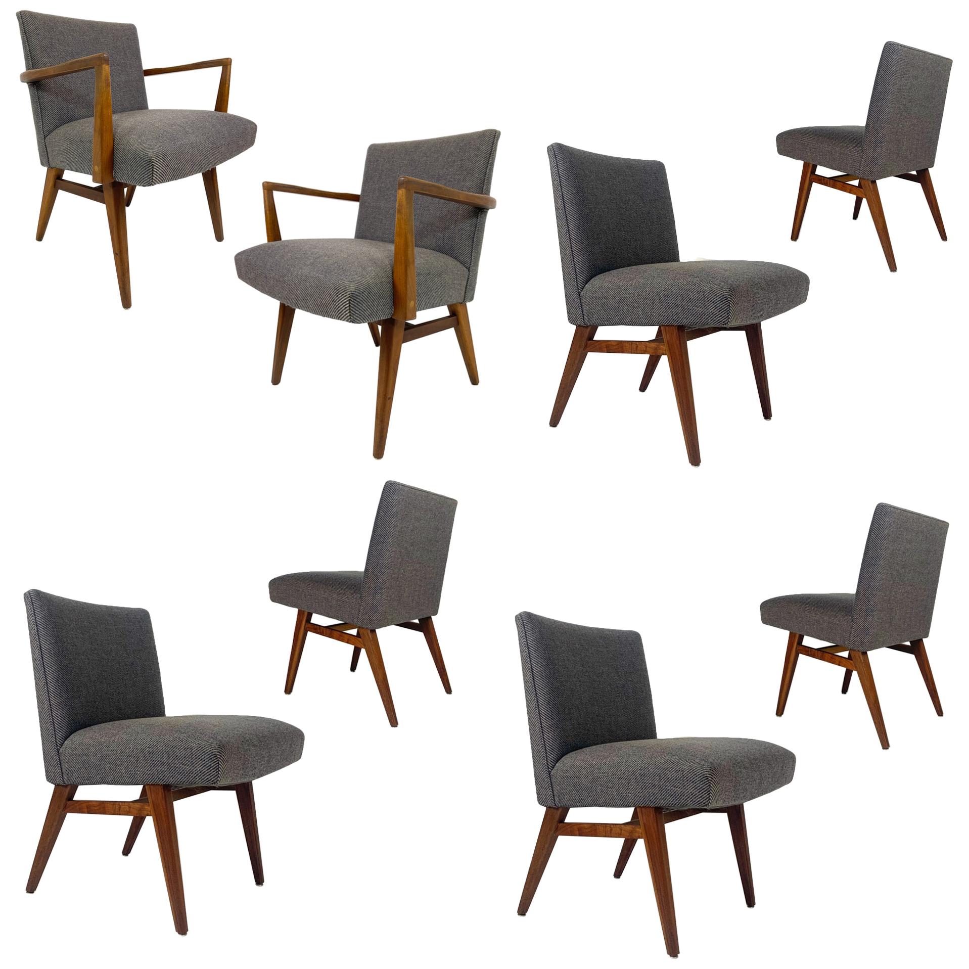 Rare Set of 8 Jens Risom Upholstered and Walnut Dining Chairs Model #205