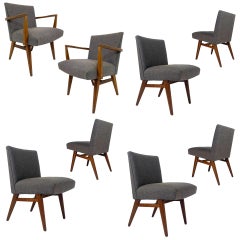 Rare Set of 8 Jens Risom Upholstered and Walnut Dining Chairs Model #205