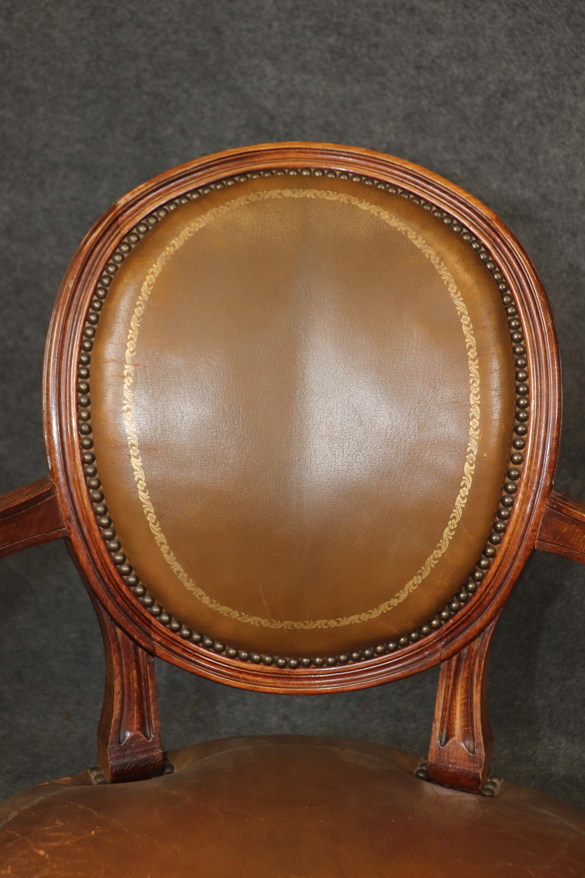 Rare Set of 8 Leather French Cameo Back Maison Jansen Style Dining Chairs For Sale 6