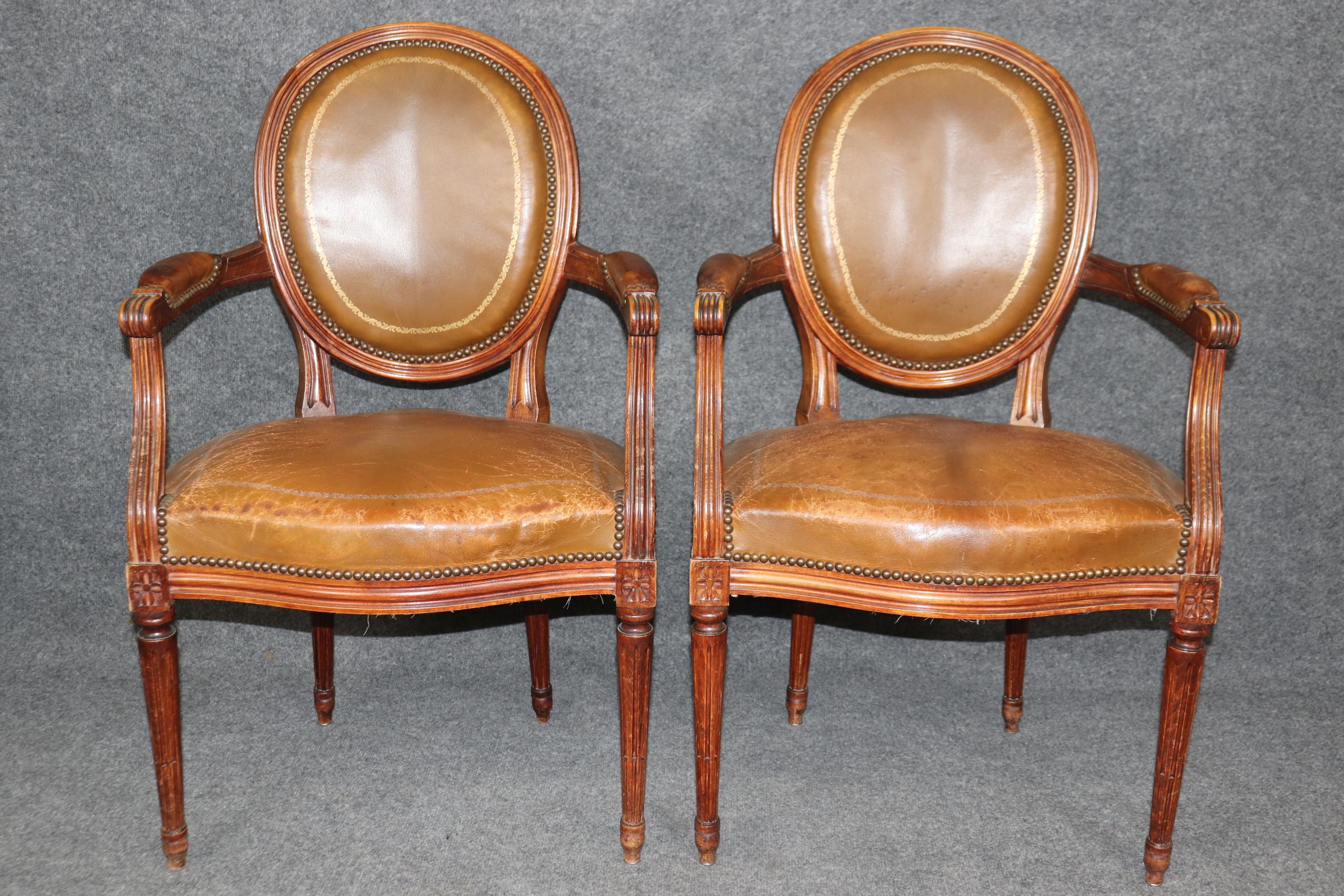 Louis XVI Rare Set of 8 Leather French Cameo Back Maison Jansen Style Dining Chairs For Sale