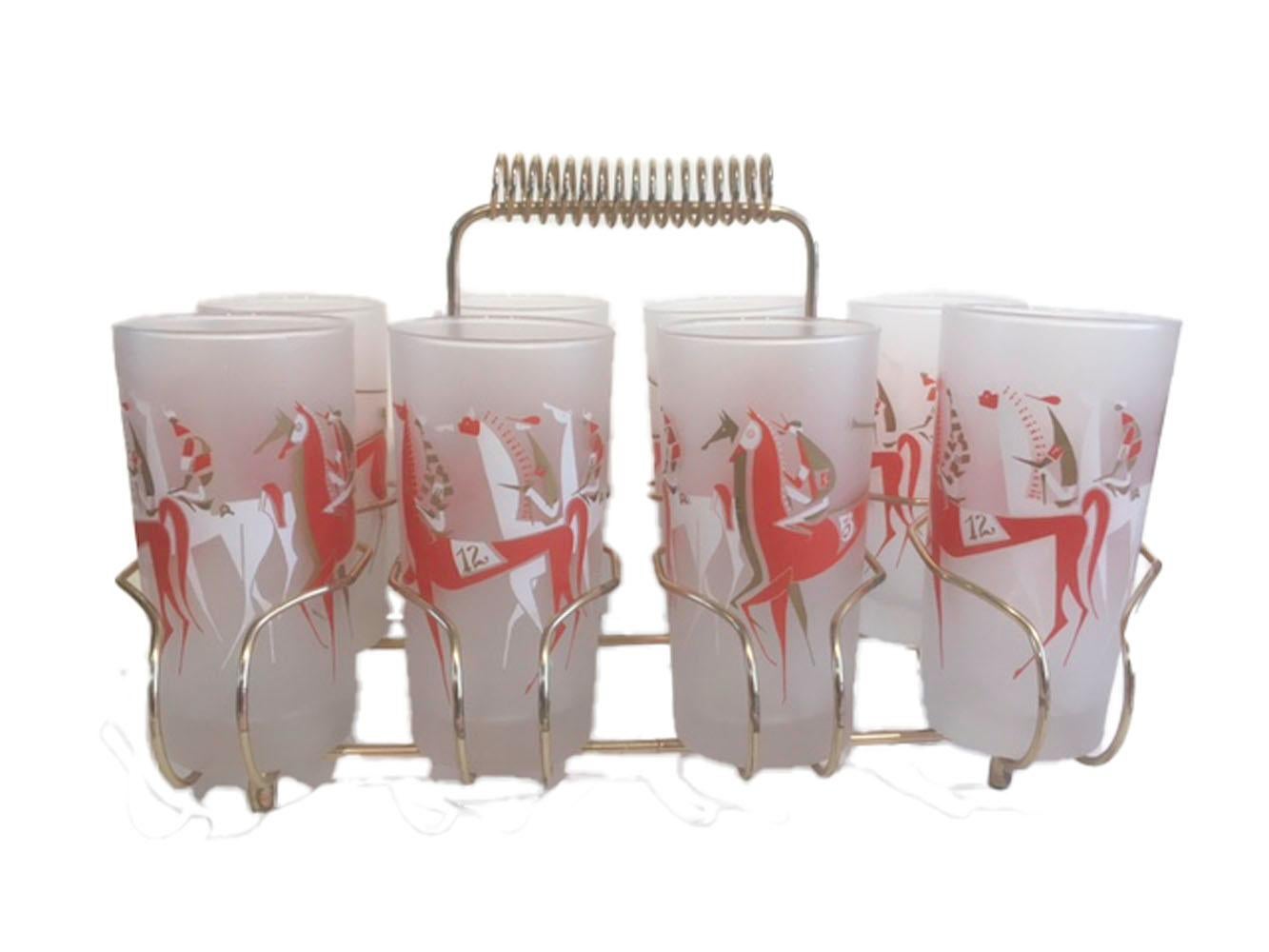 American Rare Set of 8 Libbey Highball Glasses in the Longchamps Pattern in a Caddy