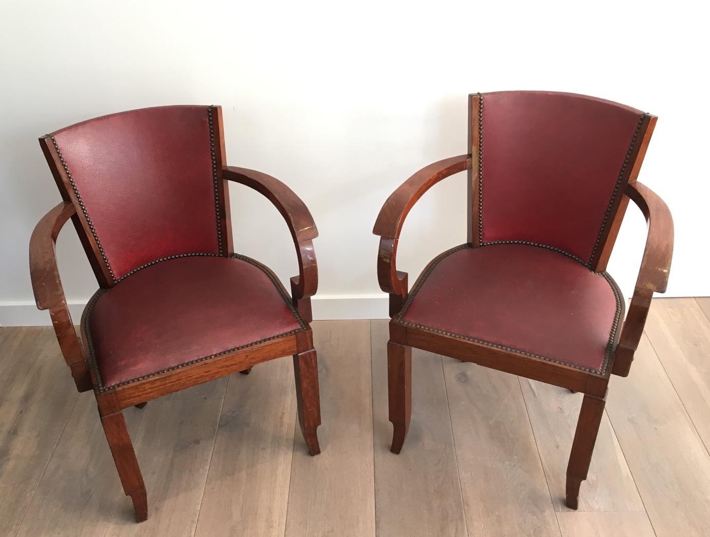 Rare Set of 8 Mahogany and Faux-Leather Art Deco Armchairs, French, circa 1930 For Sale 9
