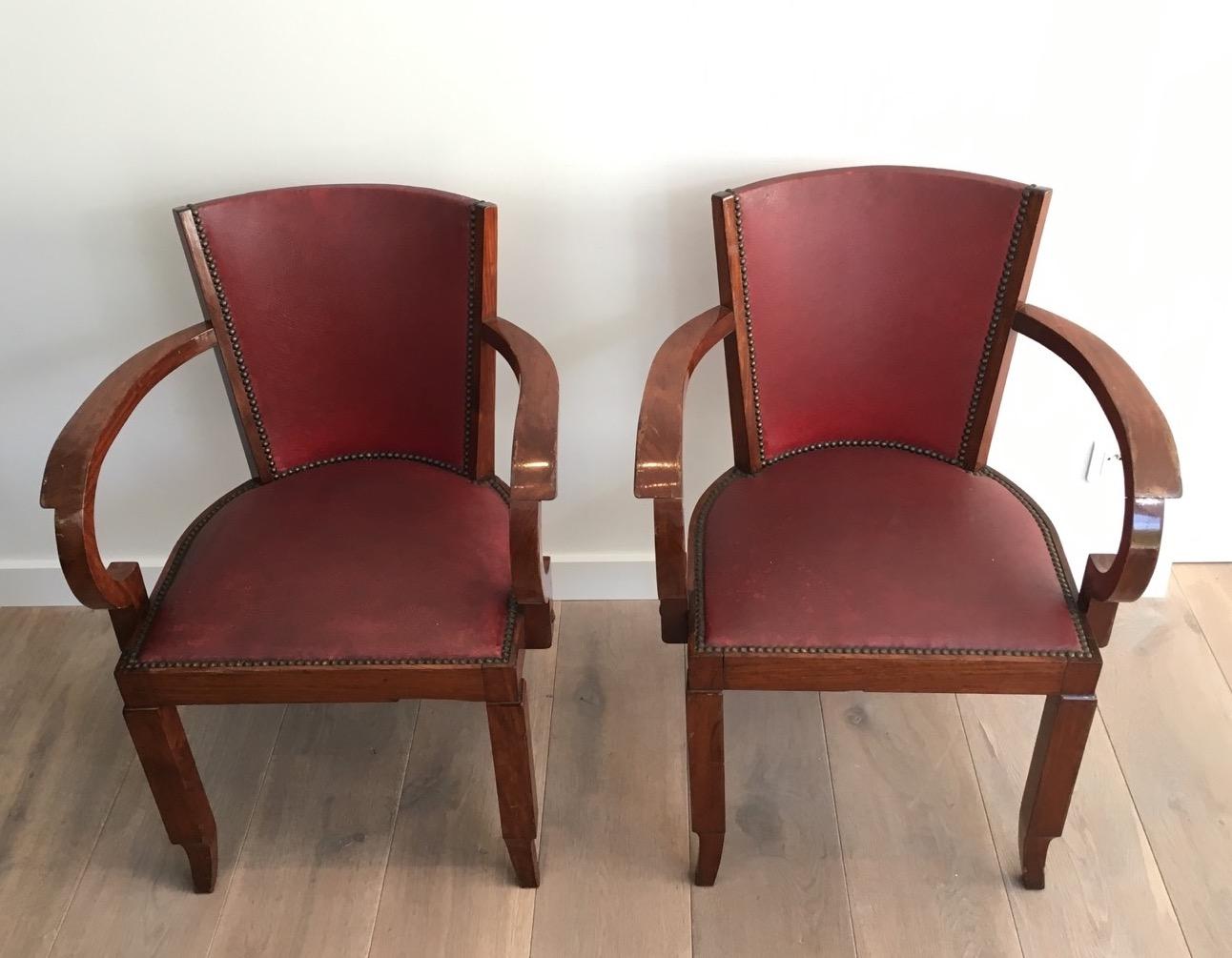 Rare Set of 8 Mahogany and Faux-Leather Art Deco Armchairs, French, circa 1930 For Sale 12