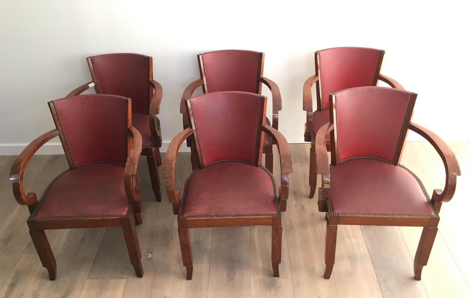 Rare Set of 8 Mahogany and Faux-Leather Art Deco Armchairs, French, circa 1930 For Sale 13