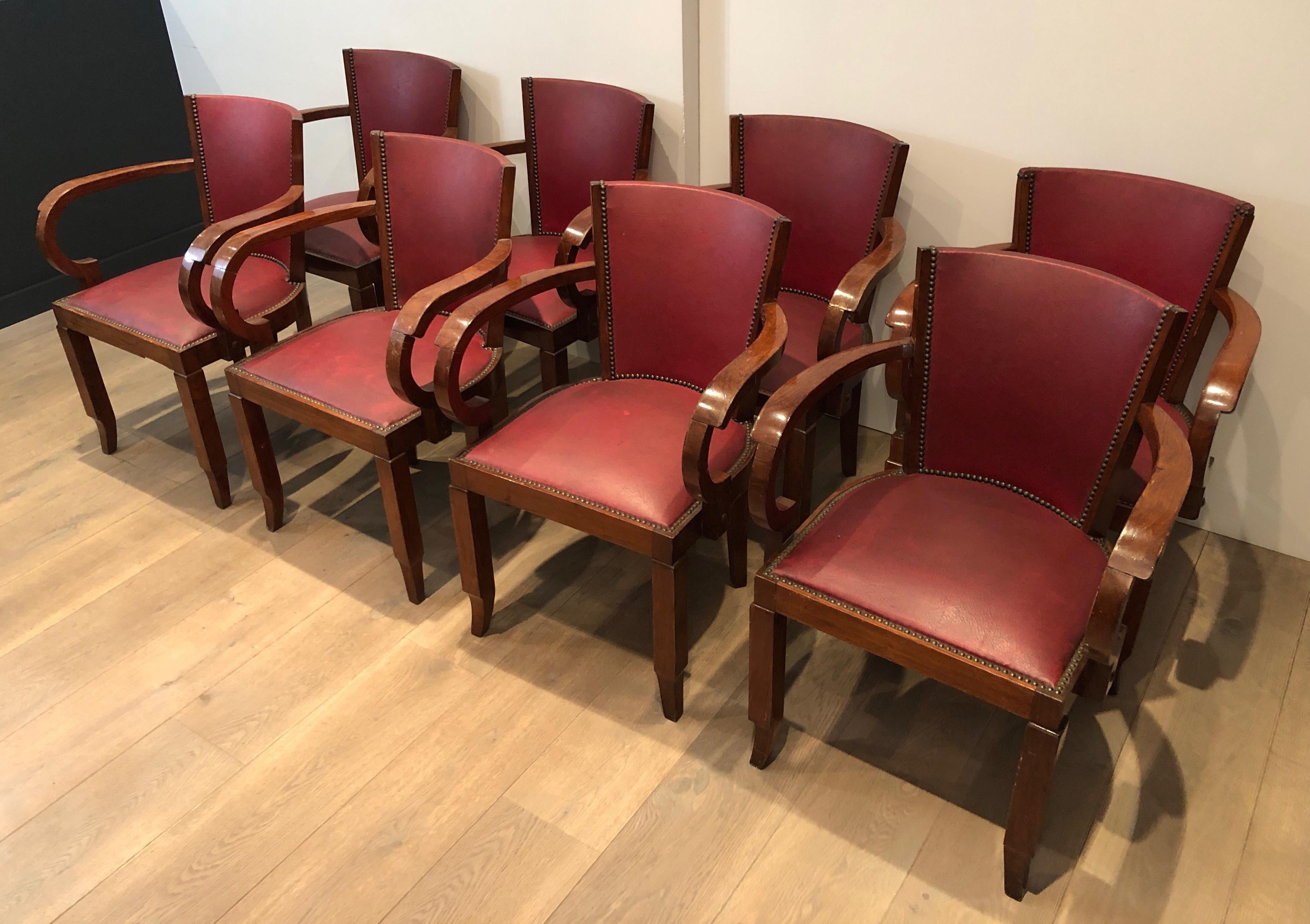 Rare Set of 8 Mahogany and Faux-Leather Art Deco Armchairs, French, circa 1930 For Sale 14