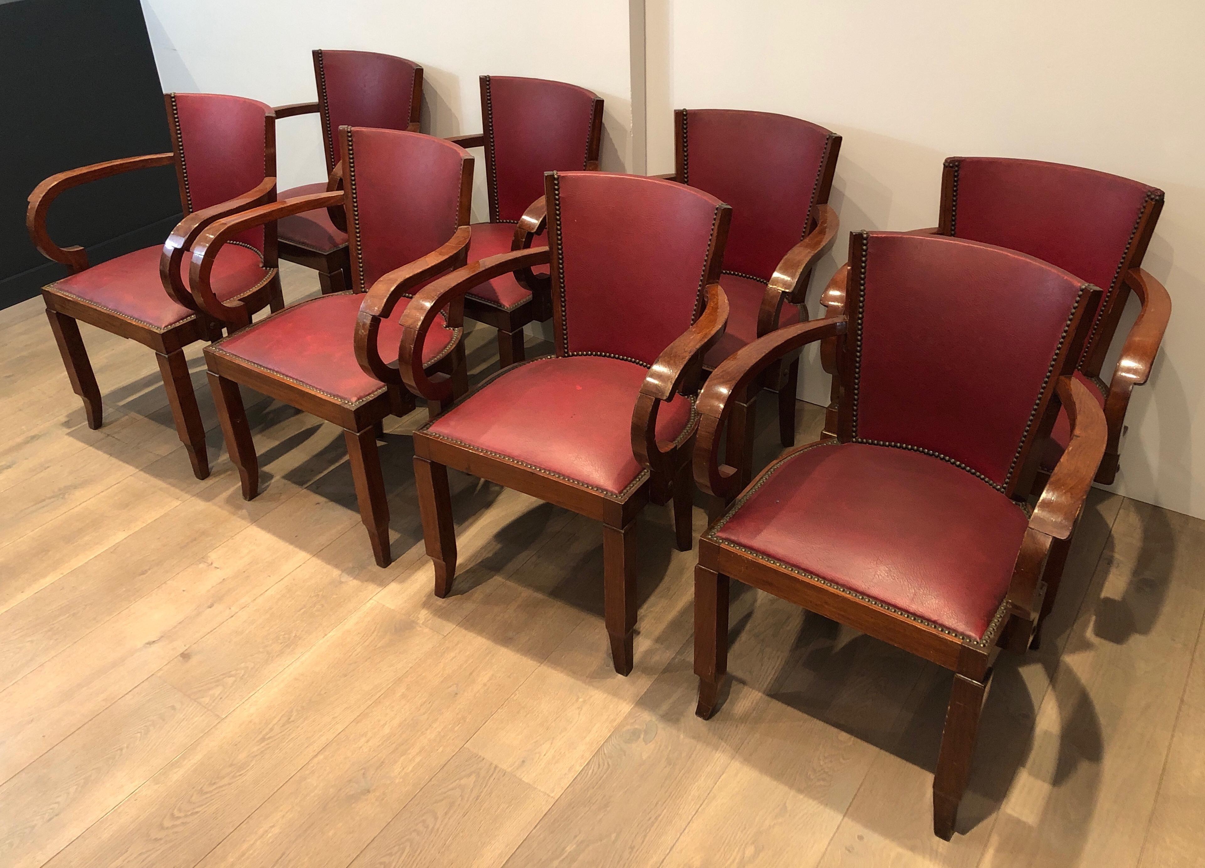 Raro set di poltrone Art Deco in mogano e finta pelle. Francese. Circa 1930.