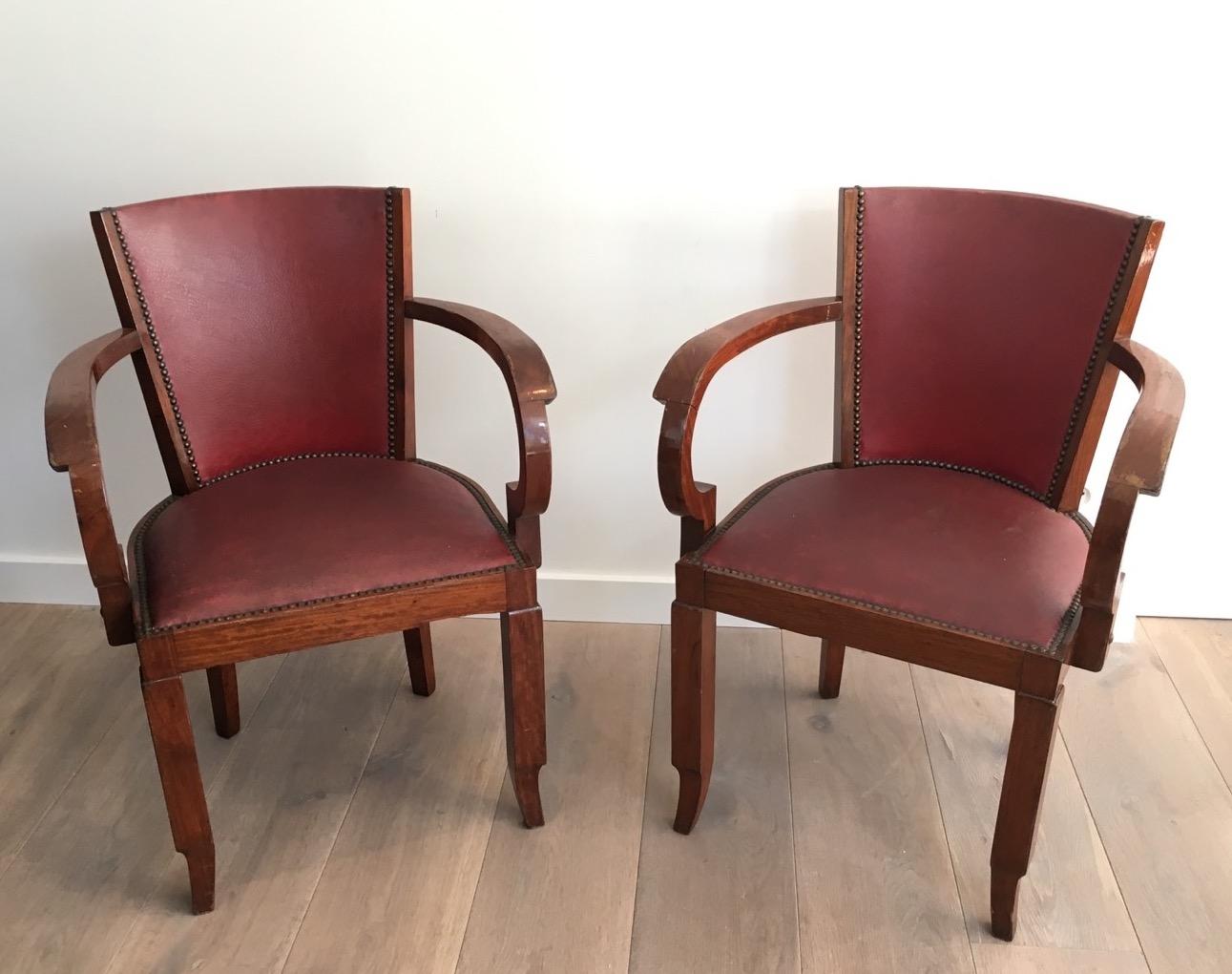 Rare Set of 8 Mahogany and Faux-Leather Art Deco Armchairs, French, circa 1930 In Good Condition For Sale In Marcq-en-Barœul, Hauts-de-France