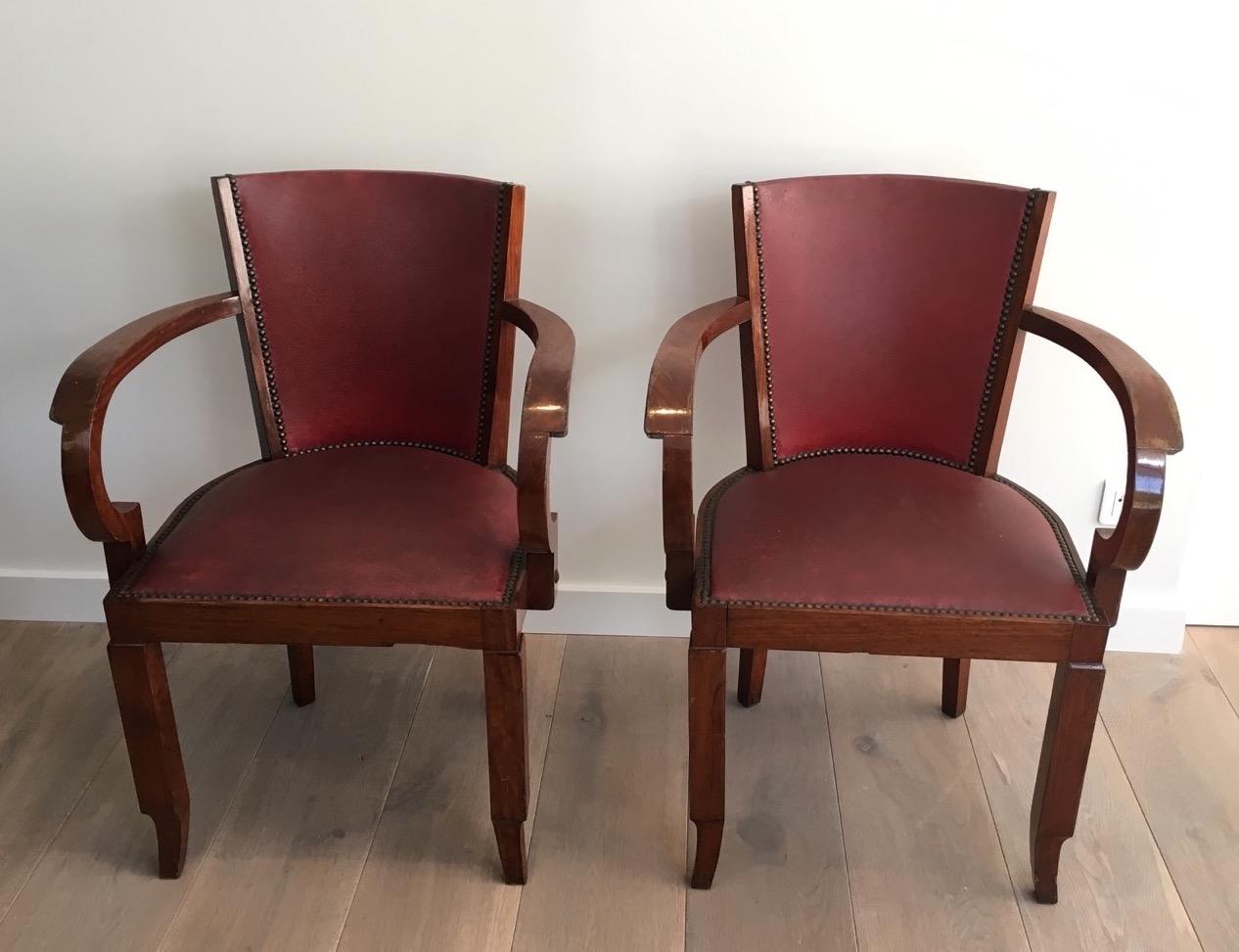 Mid-20th Century Rare Set of 8 Mahogany and Faux-Leather Art Deco Armchairs, French, circa 1930 For Sale