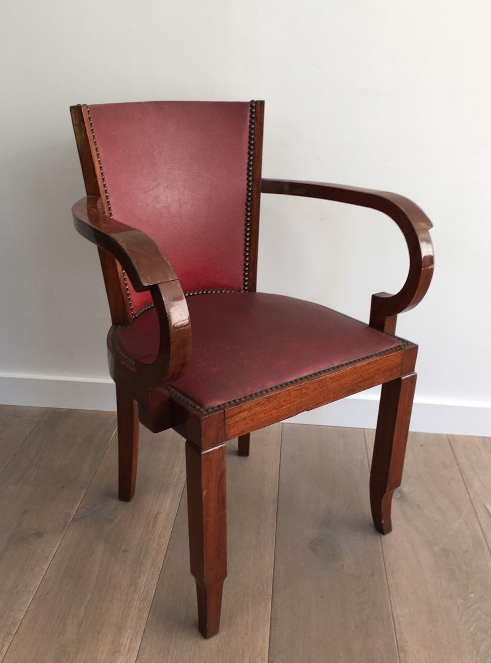Faux Leather Rare Set of 8 Mahogany and Faux-Leather Art Deco Armchairs, French, circa 1930 For Sale