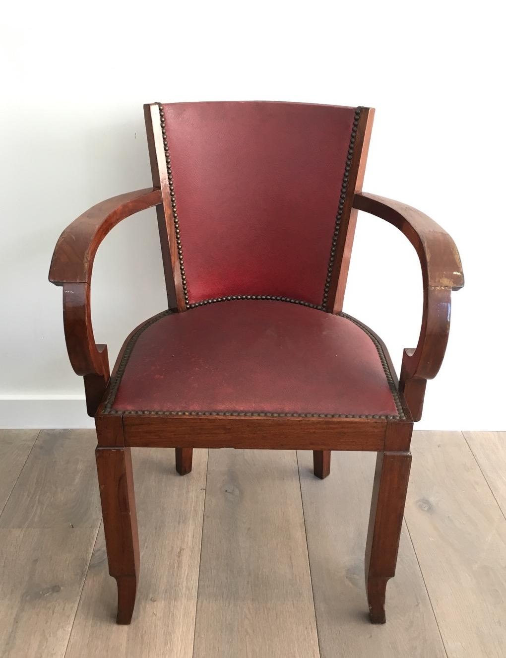 Rare Set of 8 Mahogany and Faux-Leather Art Deco Armchairs, French, circa 1930 For Sale 2