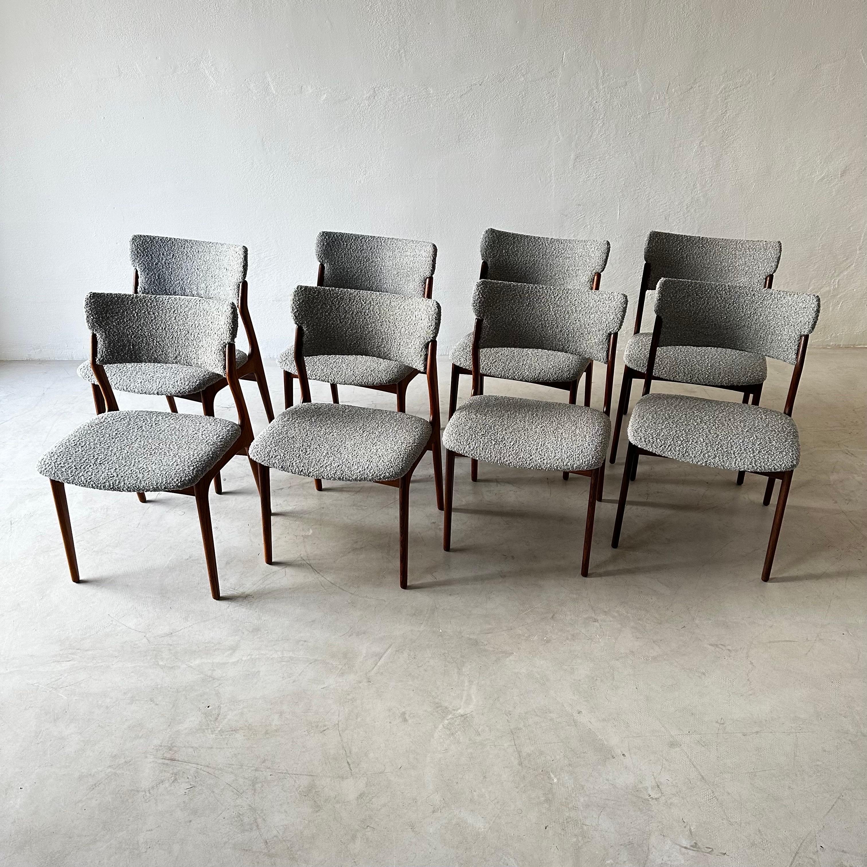 Rare set of 8 sculptural Scandinavian dining chairs, Denmark 1960s. Reupholstered in gray boucle fabric. Price is for one chair, up to eight are available.