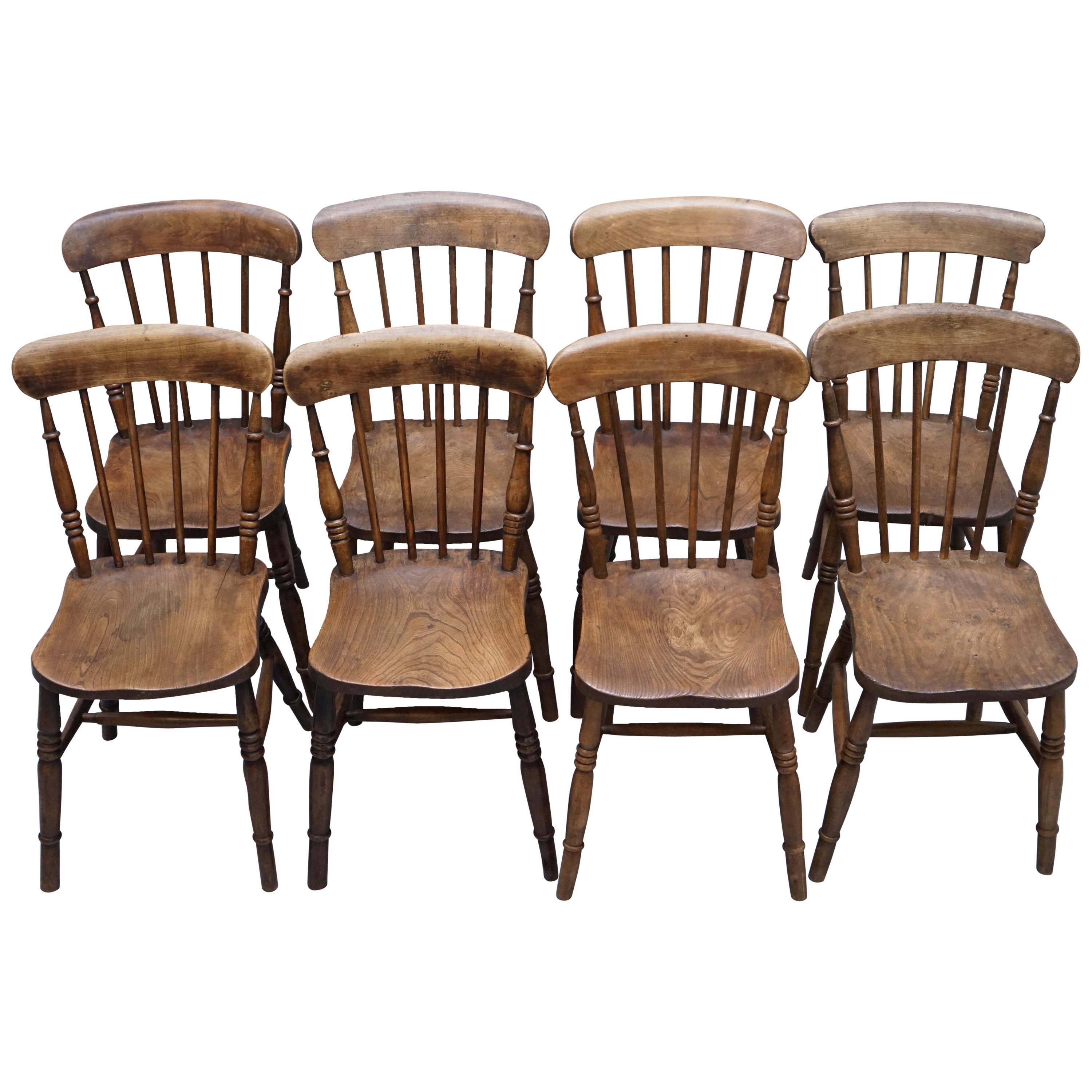 Rare Set of 8 Victorian Windsor Spindle Back Dining Chairs Solid Carved Elm