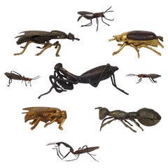 Seltener Satz von 9 verschiedenen japanischen Insekten aus Kupfer, Messing und Holz