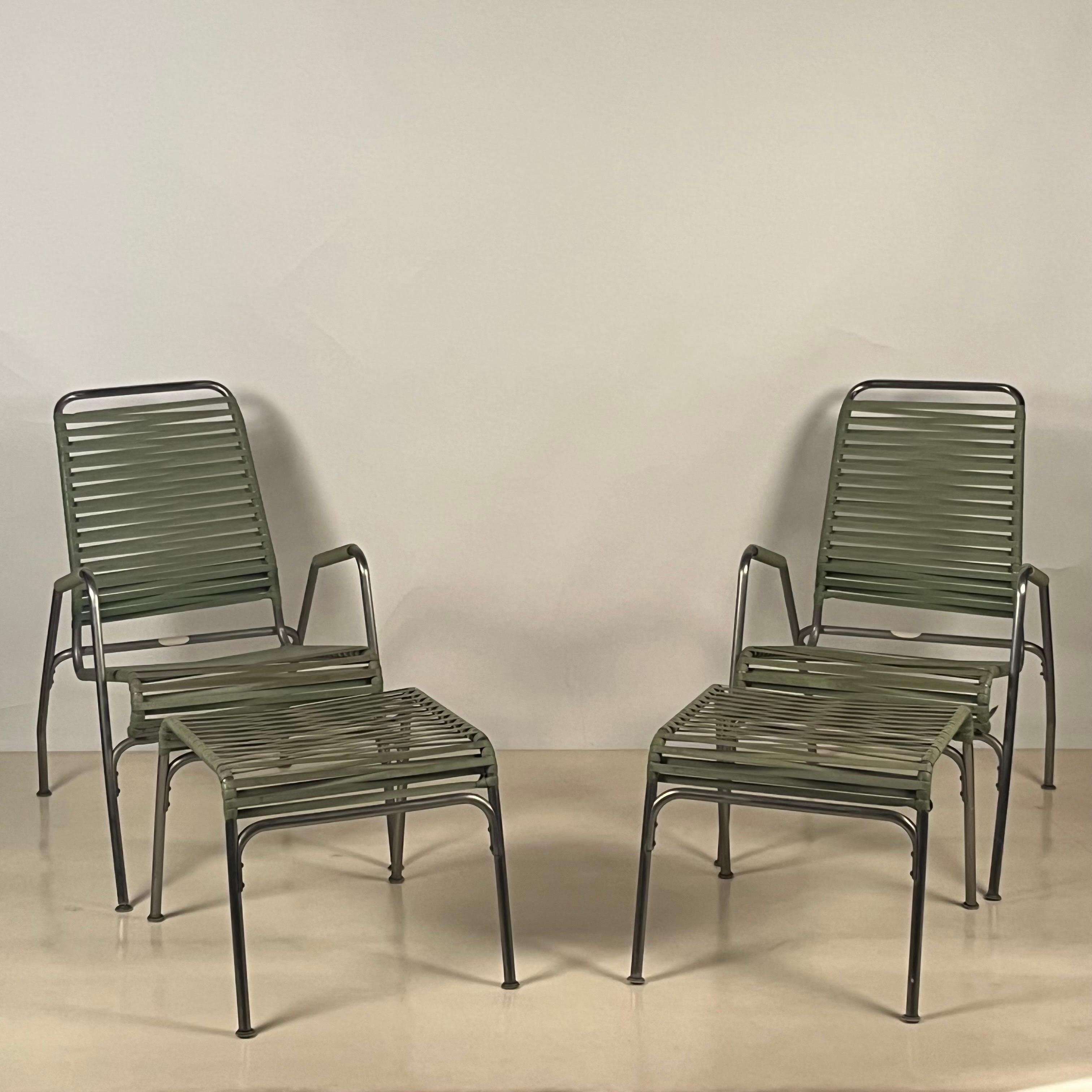 Rare set of American Mid-Century Modern stainless steel patio furniture.

Lounge chairs: 22 1/2 wide x 31 1/2 deep x 34 1/2 tall & 17 in. seat height
Foot rests: 19 wide x 23 deep x 16 1/2 in. tall
Table: 22 wide x 16 deep x 22 in. tall

Sold as a