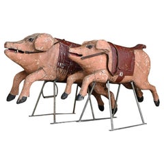 Rare Set of Antique French Limonaire Frères Carved Wood Carousel Pig Figures