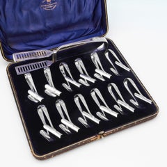 Rare set of antique sterling silver asparagus easters and serving tongs - 1899